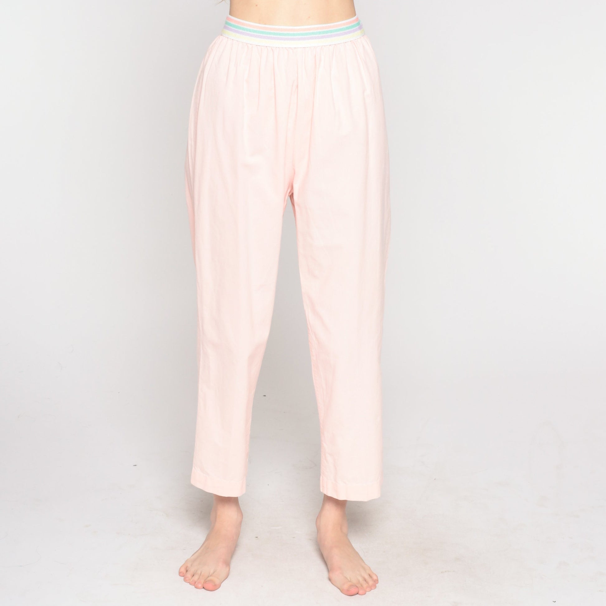 80s Baby Pink Striped Elastic Waist Tapered Trousers Small