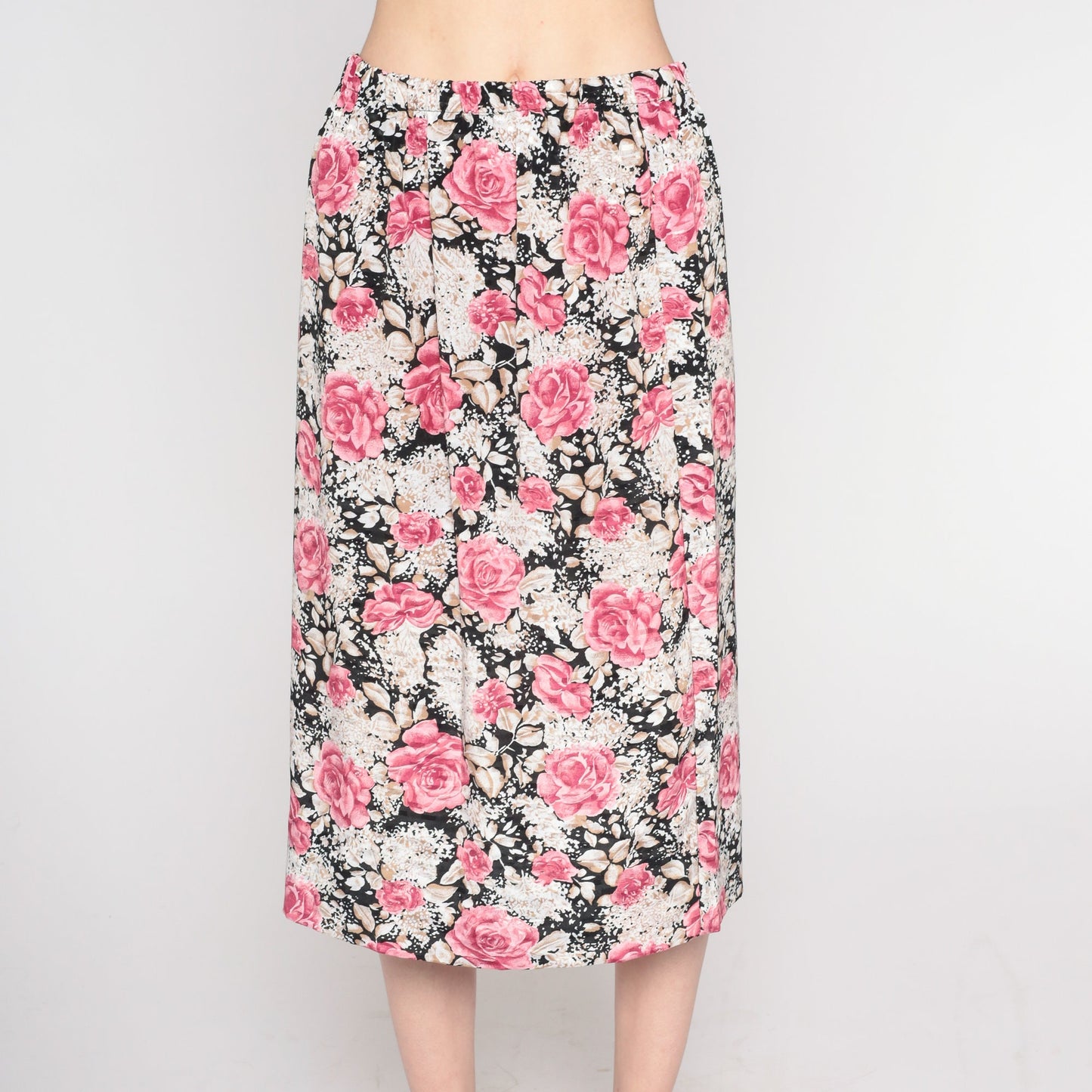 90s Floral Midi Skirt Pink Black High Waist Rayon Small Medium