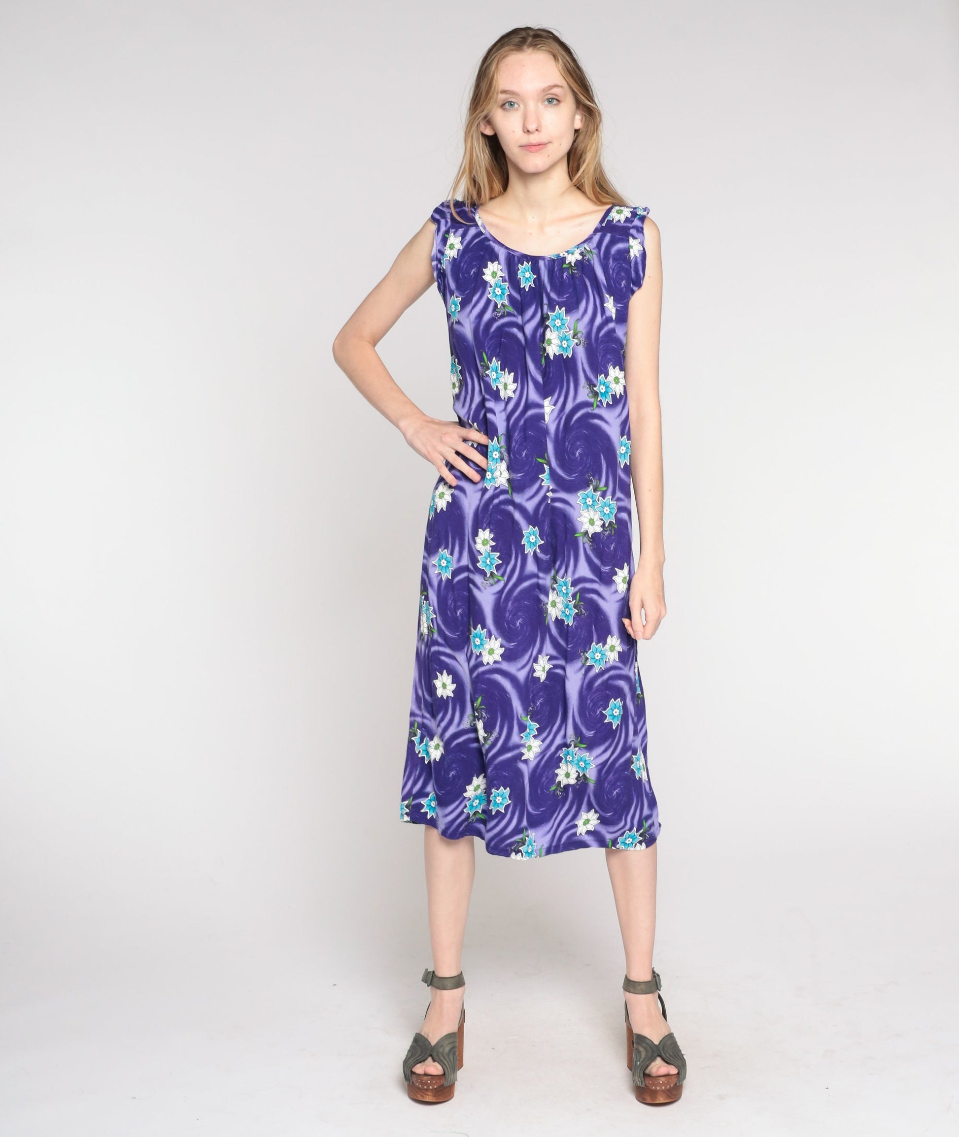 00s Purple Floral Swirl Midi Shift Dress Cap Sleeve Large L