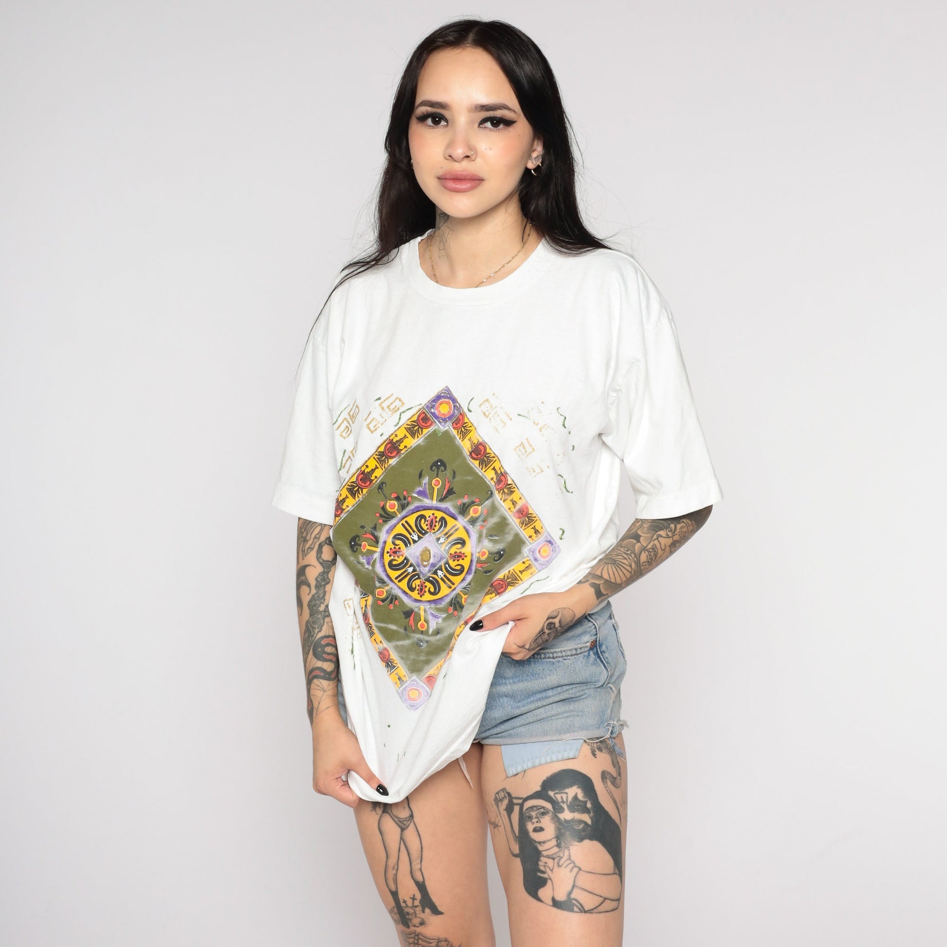 90s Geometric Square Print T-Shirt White Glitter Hand Painted Graphic Tee Large