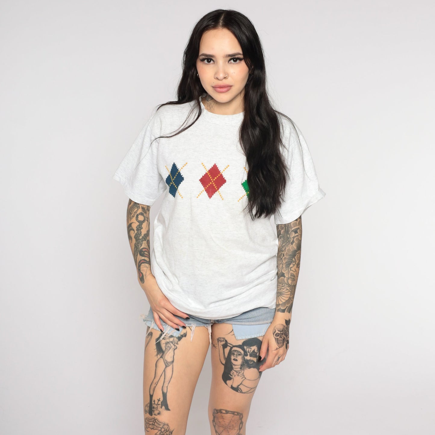 90s Argyle Checkered Crewneck T-Shirt Heather Grey Graphic Tee Medium