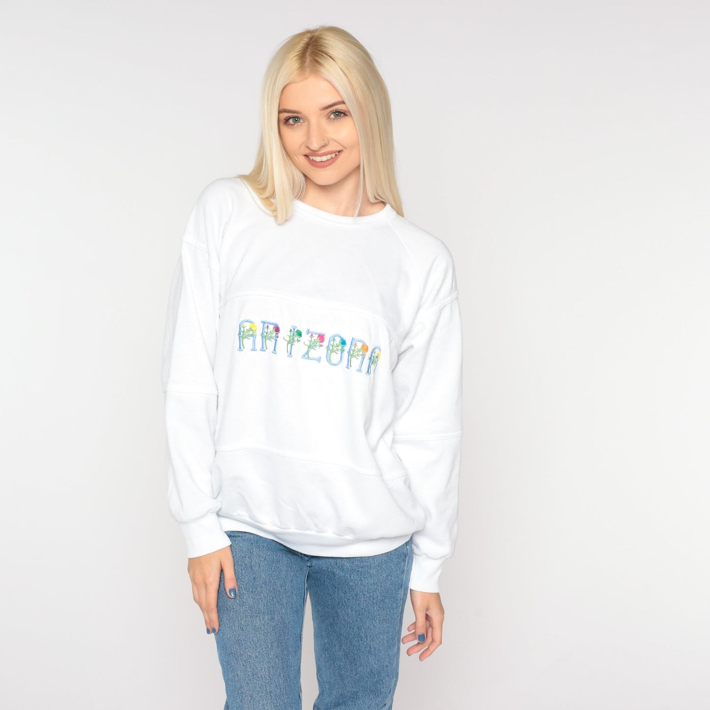 90s Arizona Floral Embroidered Sweatshirt White Raglan Crewneck Large L