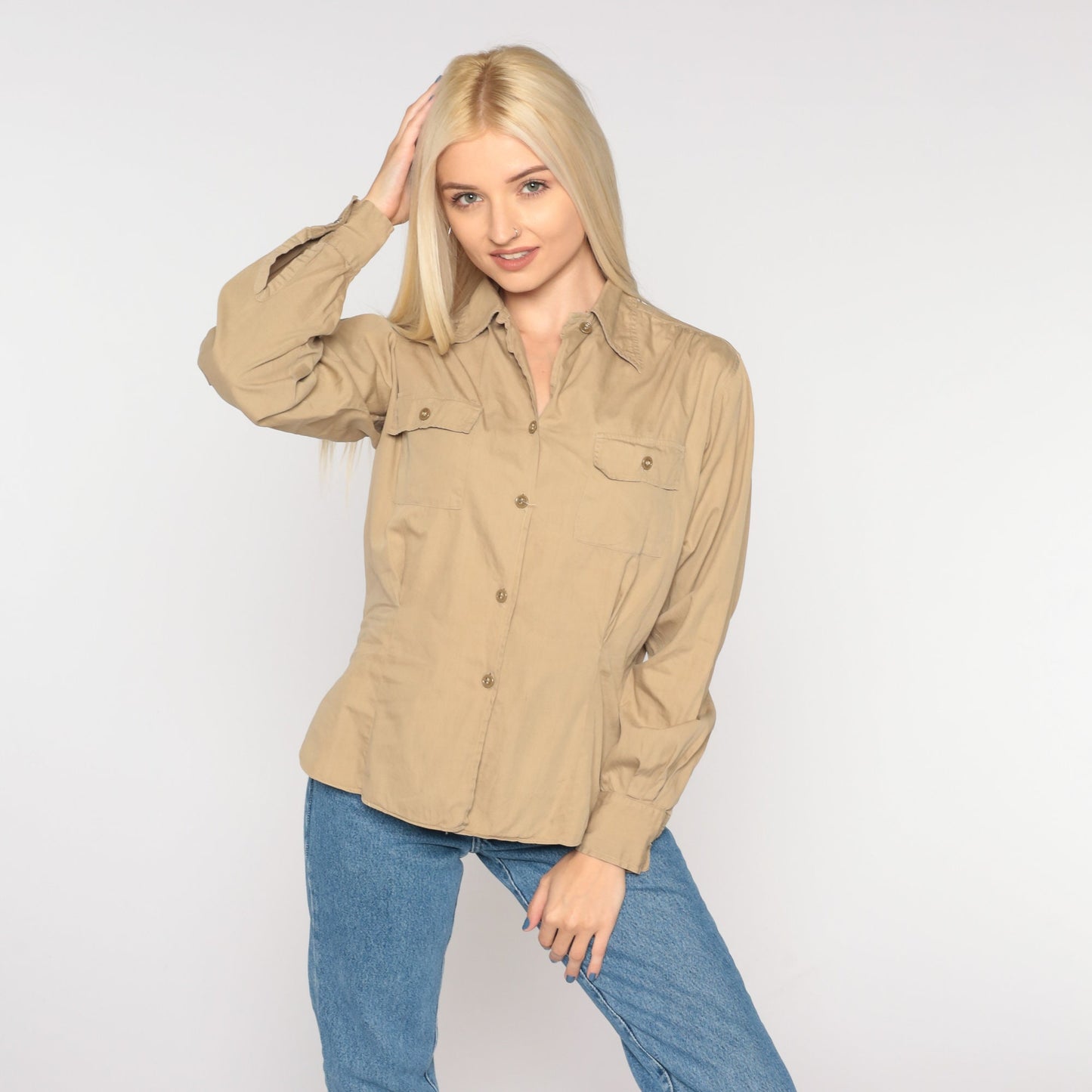 90s Tan Button-Up Shirt Long Sleeve Collared Blouse Small