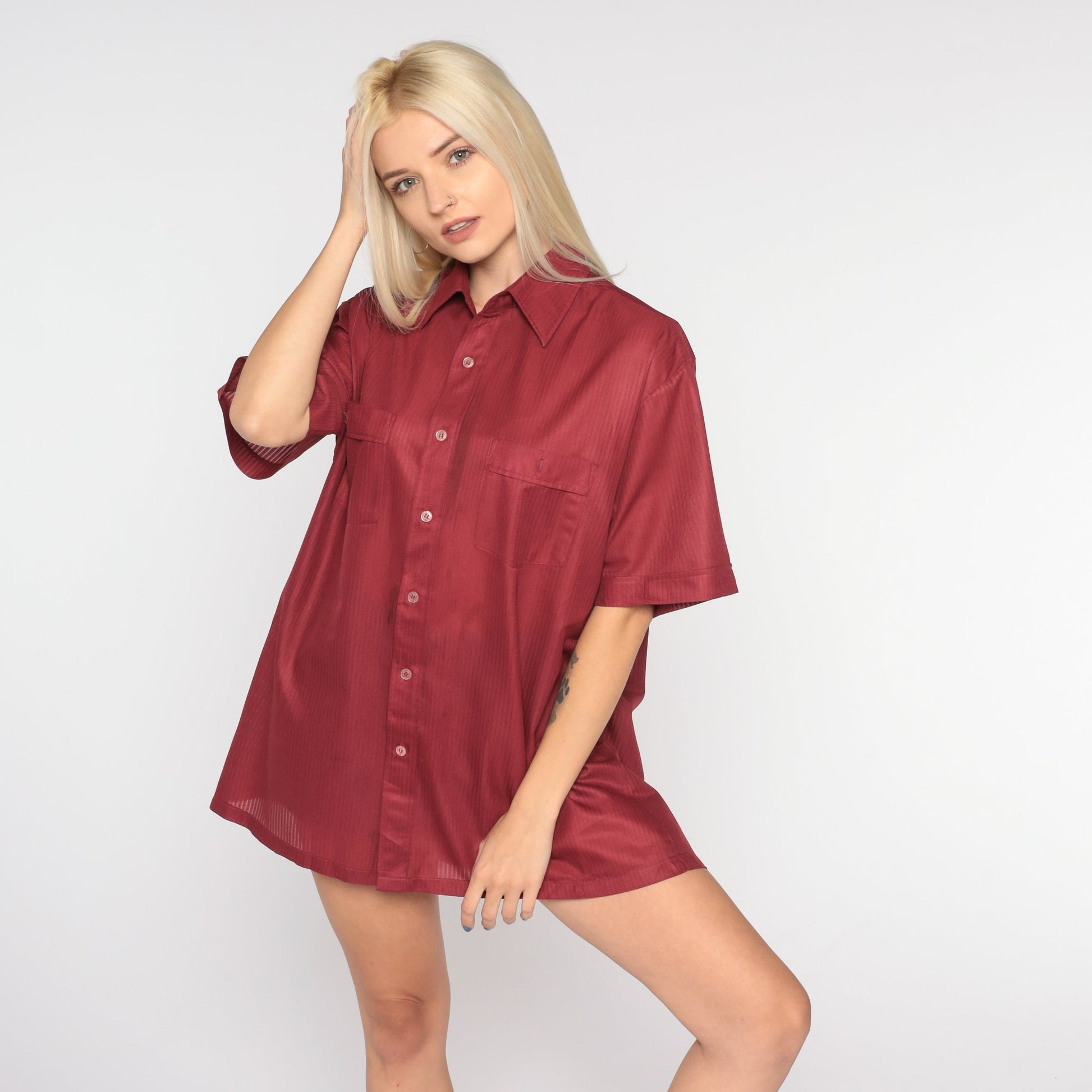 70s Red Button-Up Shirt Short Sleeve Collared Disco Top Large L