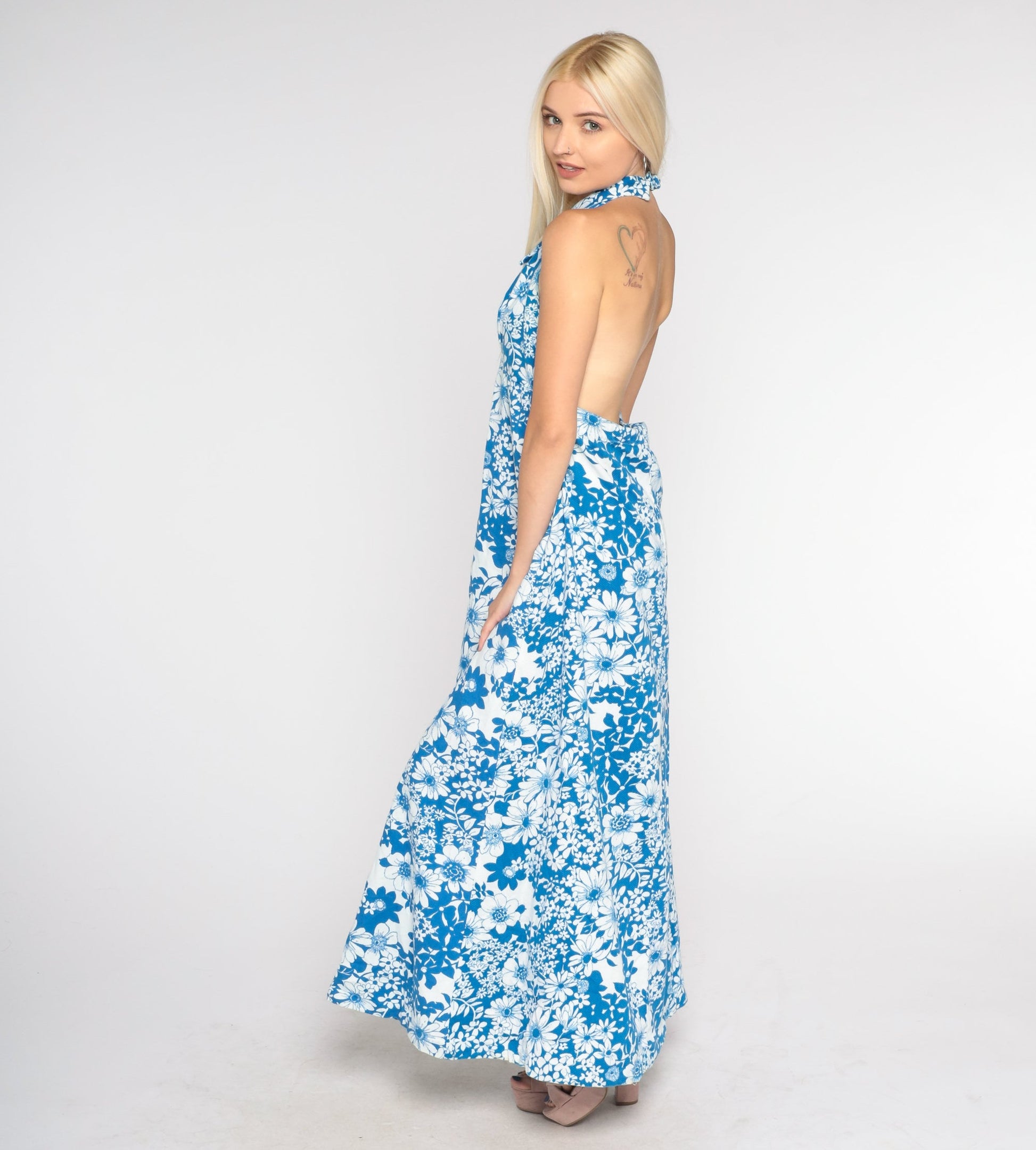 70s Blue Floral Maxi Dress Halter Neck Open Back Cotton Medium Petite