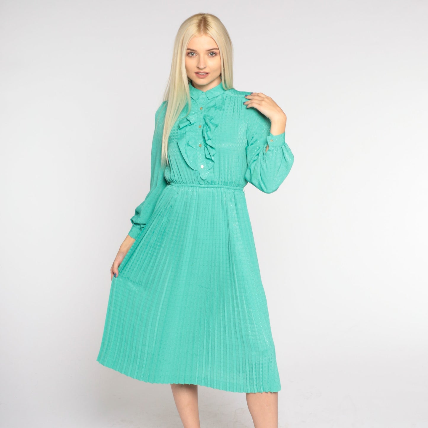 80s Seafoam Green Midi Dress High Waist Pleated Tuxedo Ruffle Small