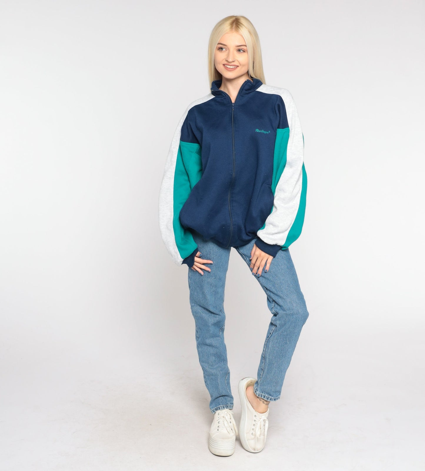 80s MacGregor Track Jacket Zip Up Sweatshirt Blue Green Colourblock Large L