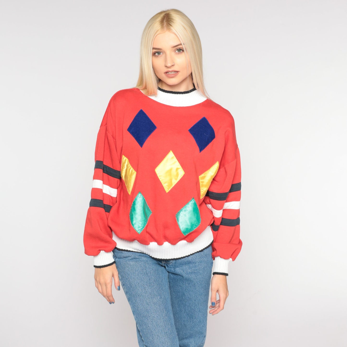 90s Diamond Print Red Sweatshirt Crewneck Geometric Pullover Small S