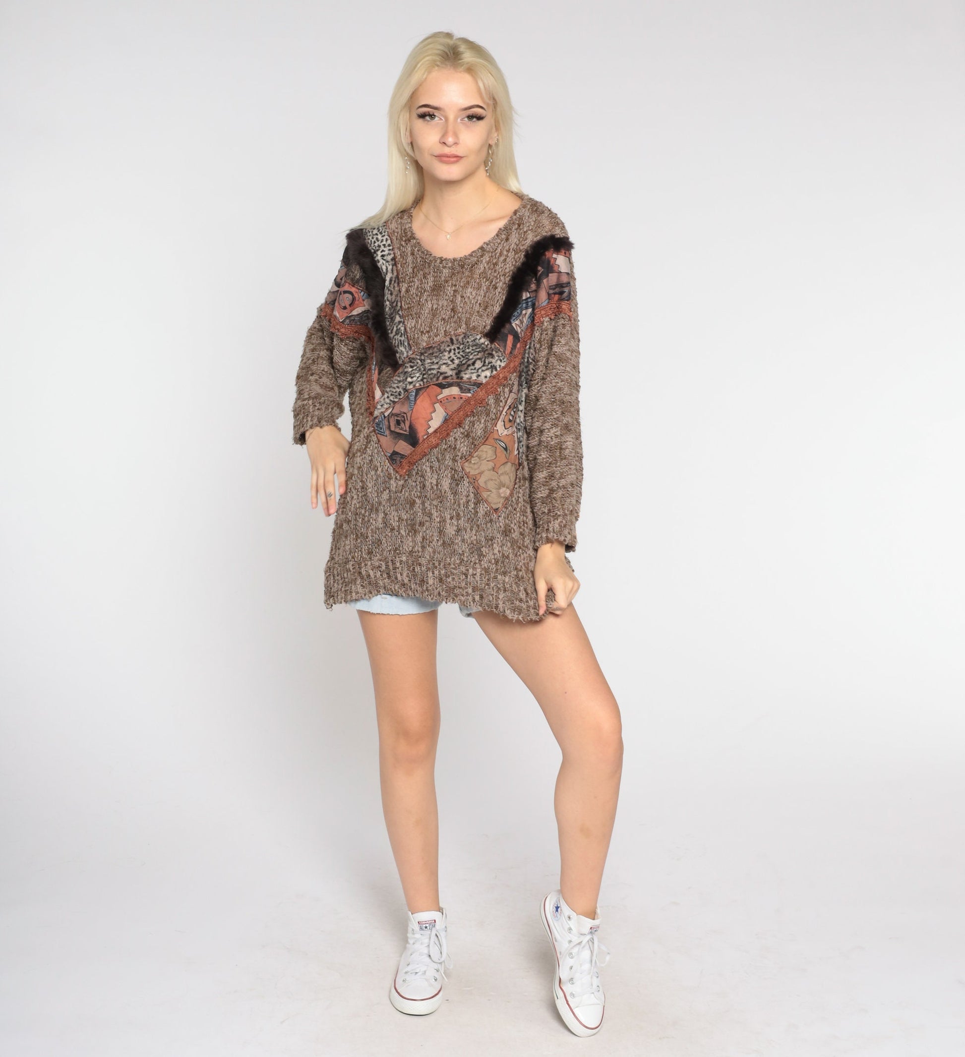 90s Animal Print Patchwork Knit Sweater Brown Leopard Floral Faux Fur Large L