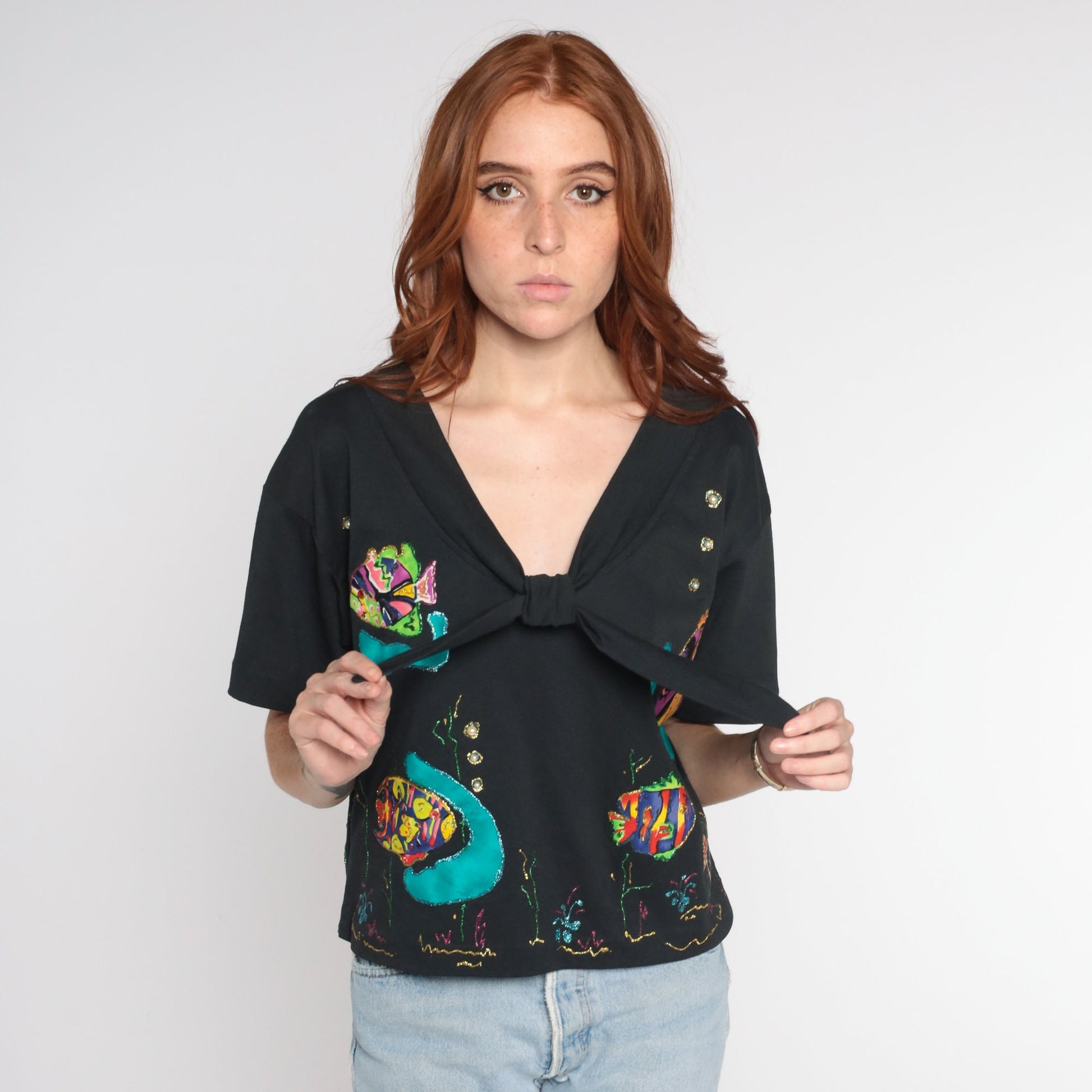 90s Black Tropical Fish Ascot Blouse Glitter Pearls Short Sleeve Large L