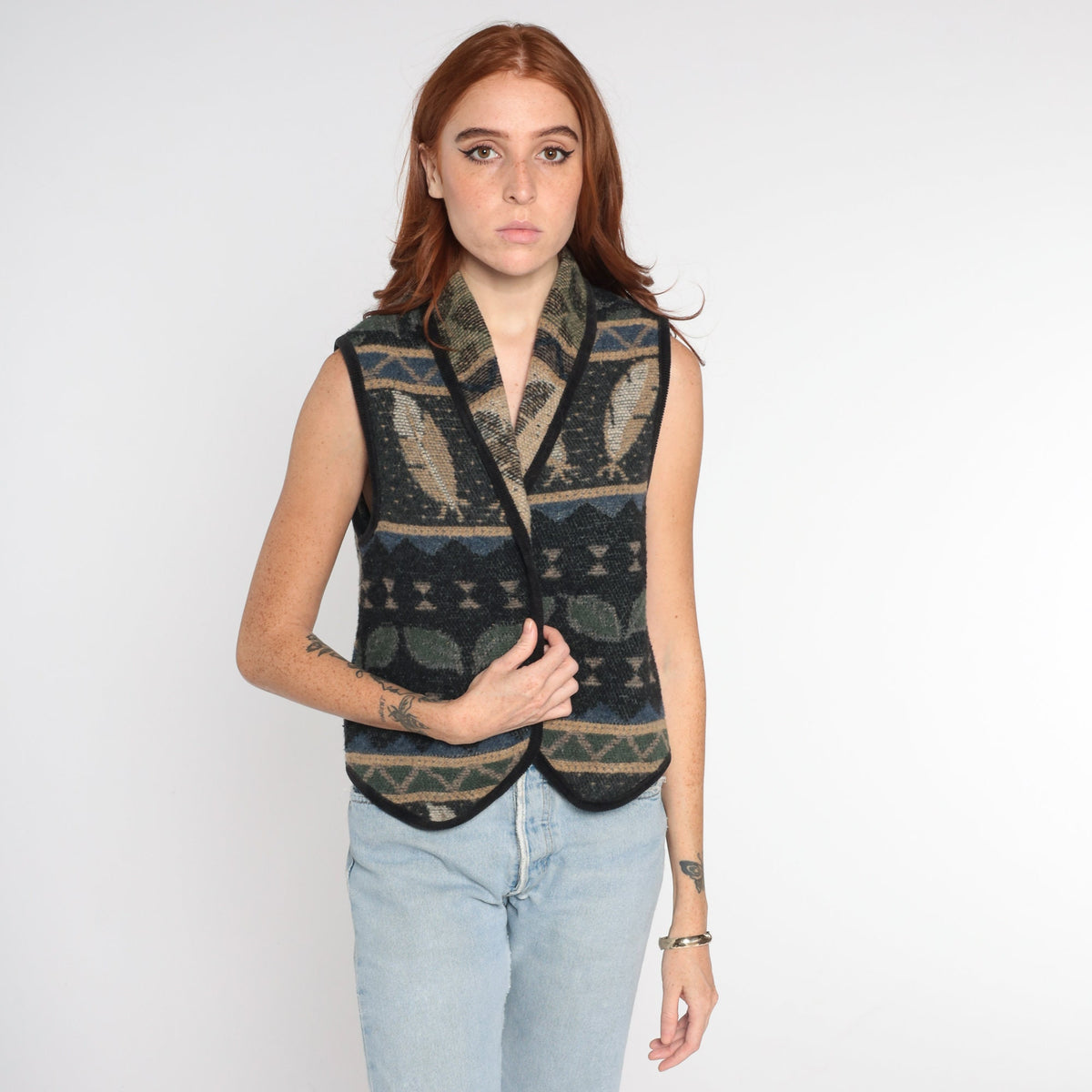 90s Tapestry Vest Leaf Feather Print Open Front Sleeveless Small