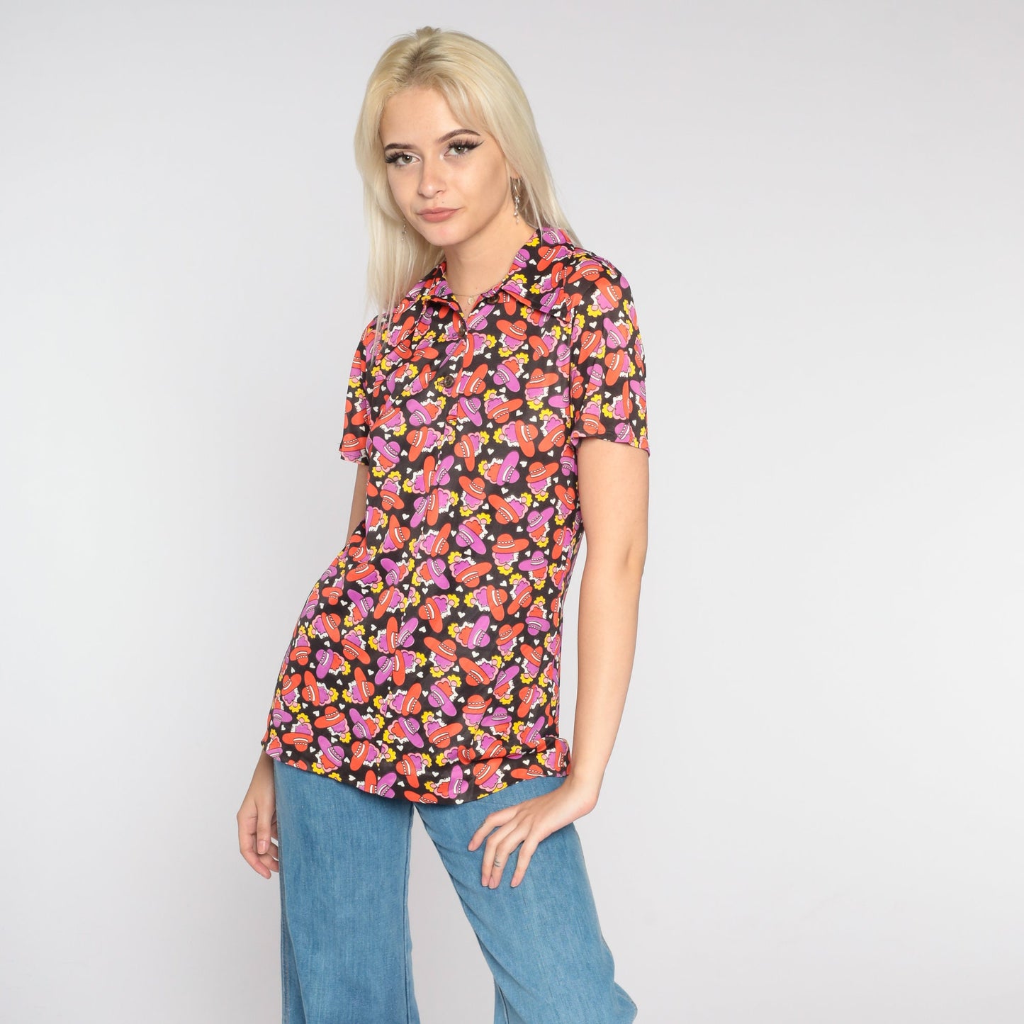 70s Disco Blouse Black Dagger Collar Heart Hat Print Short Sleeve Small Medium