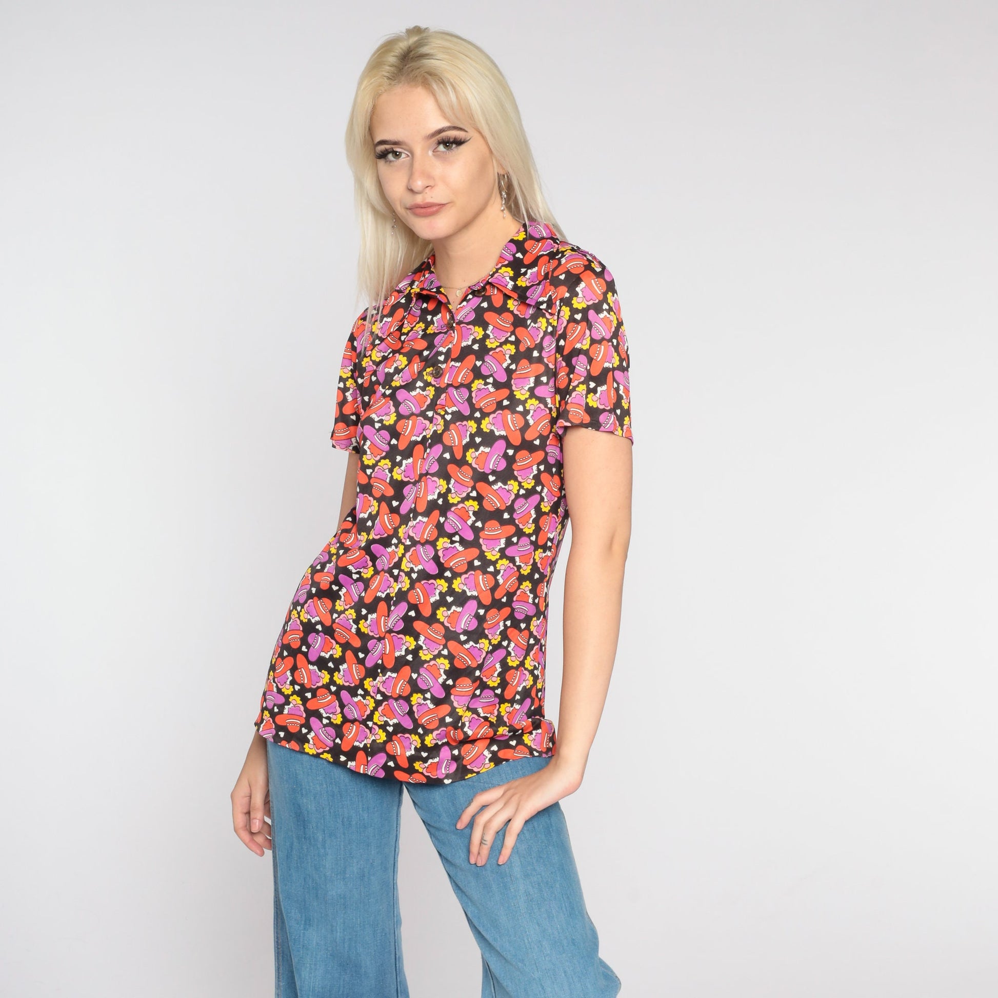 70s Disco Blouse Black Dagger Collar Heart Hat Print Short Sleeve Small Medium