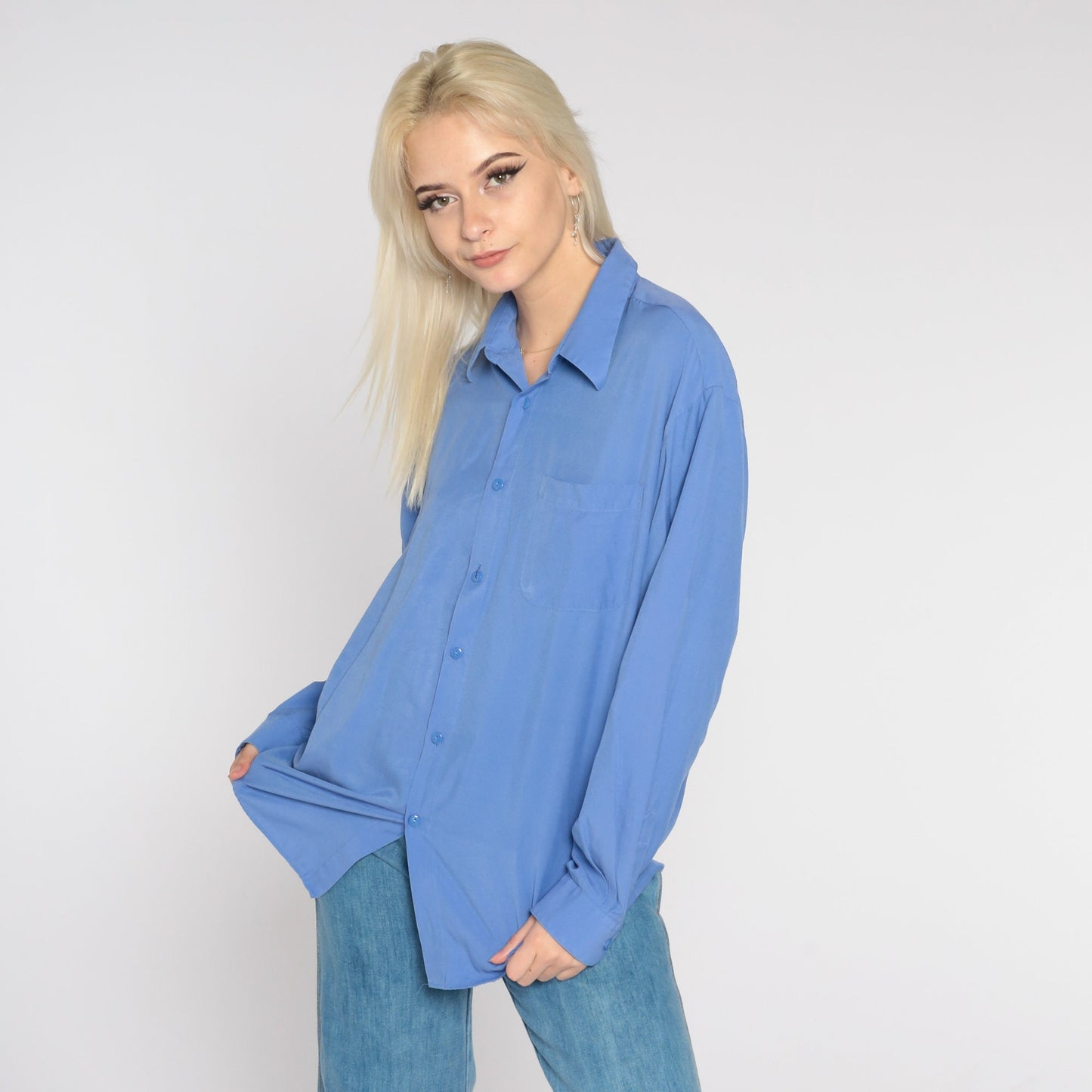 Y2K Blue Button-Up Shirt Long Sleeve Collared Oxford Extra Large