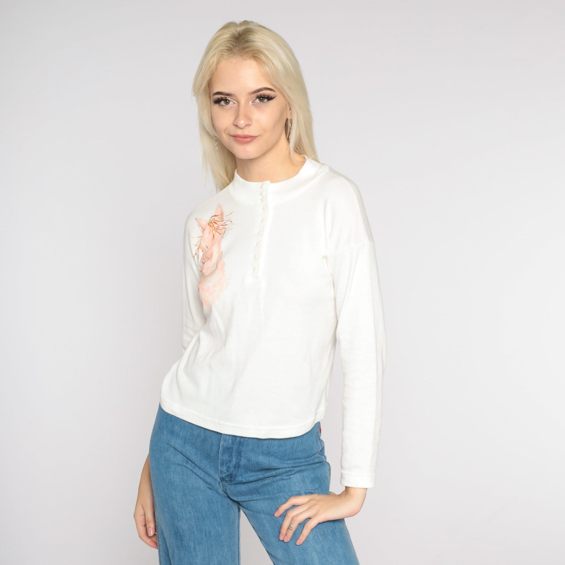 90s Painted Horse Henley Long Sleeve T-Shirt White Glitter Graphic Small S