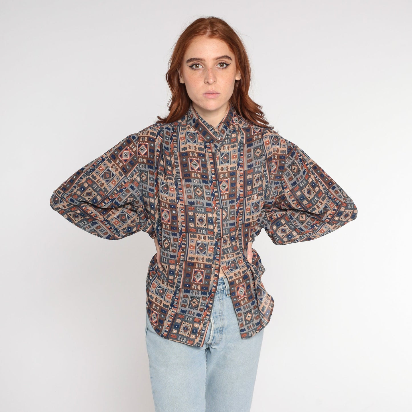 80s Geometric Print Button Up Blouse Mandarin Collar Balloon Sleeve Medium