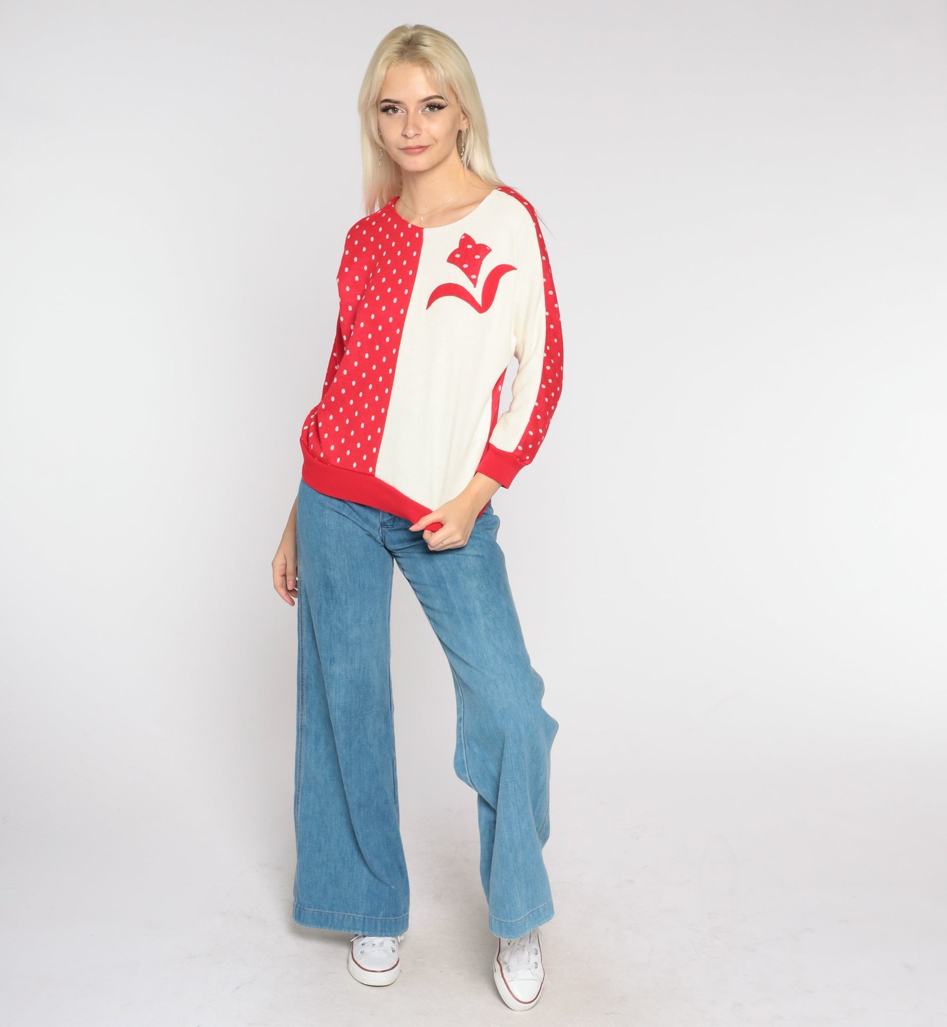 80s Red Polka Dot Sweatshirt Cream Floral Appliqué Pullover Small