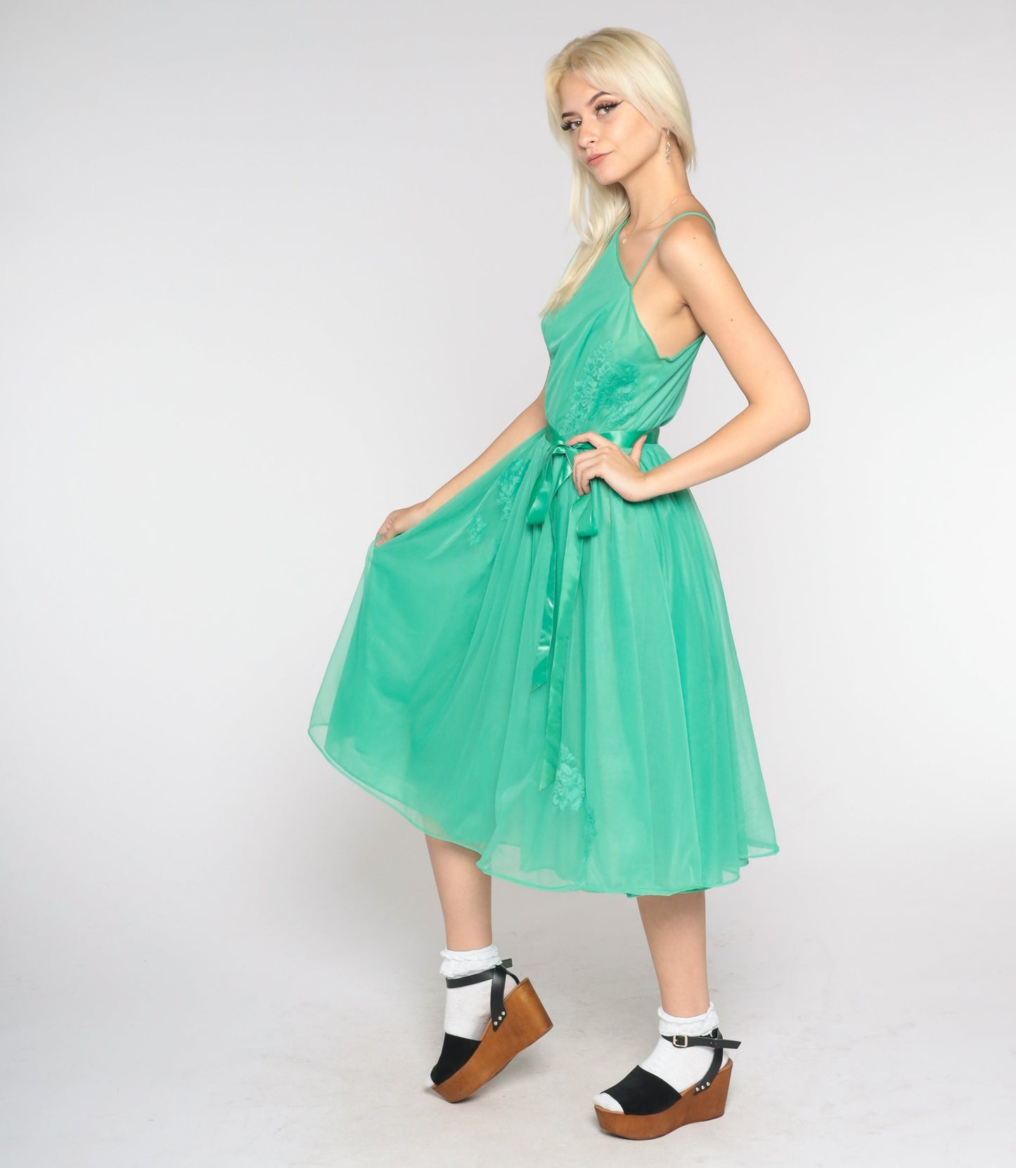 1960s One-Shoulder Slip Dress Green Floral Lace Midi Small