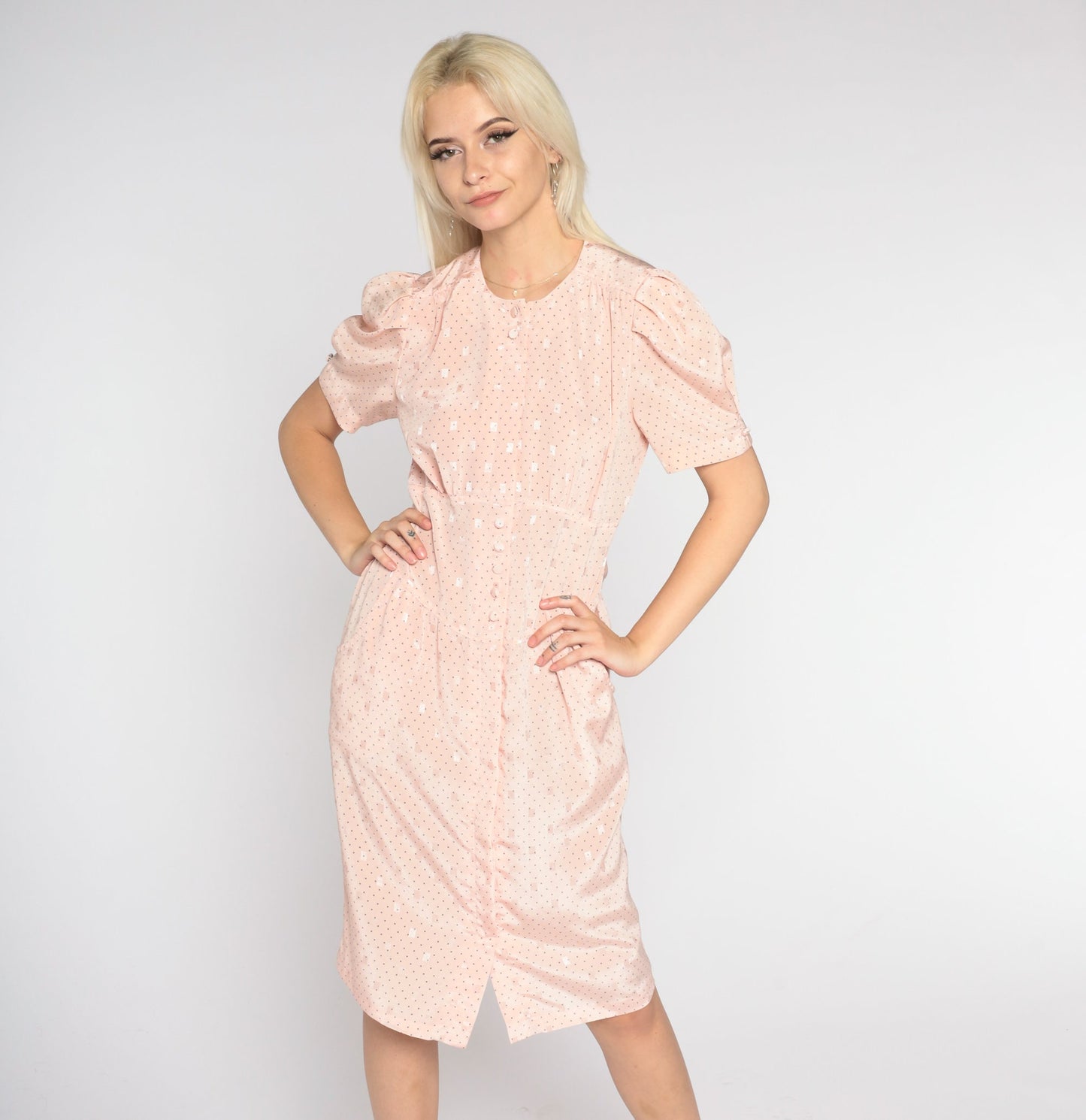 80s Blush Pink Button-Up Sheath Dress Puff Sleeve High Waist Knee Length Medium M