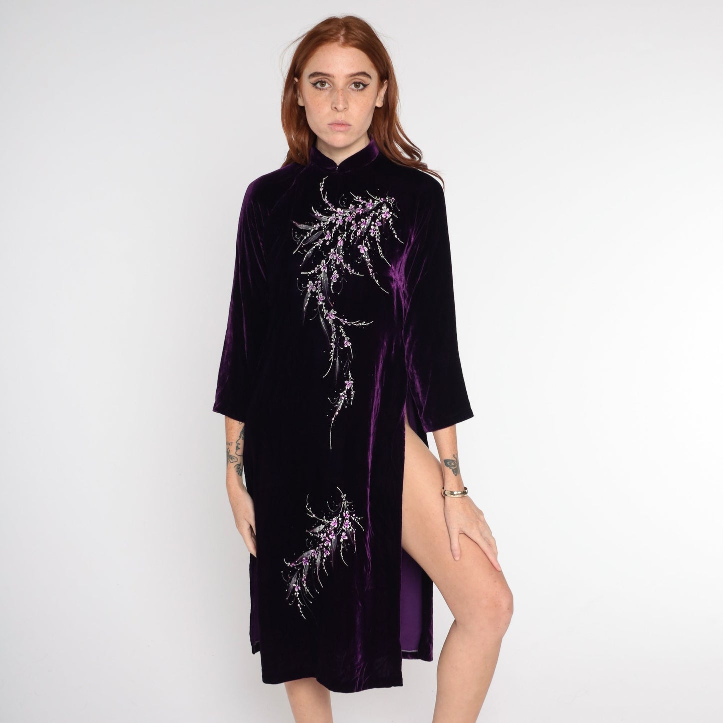 90s Dark Purple Velvet Ao Dai Midi Dress Cherry Blossom Print High Slit Extra Small