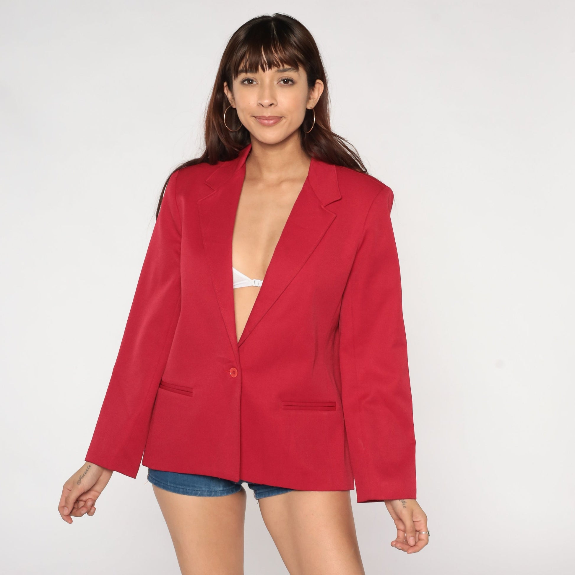 80s Red Blazer Jacket Button-Up Solid Formal Office Wear Medium M