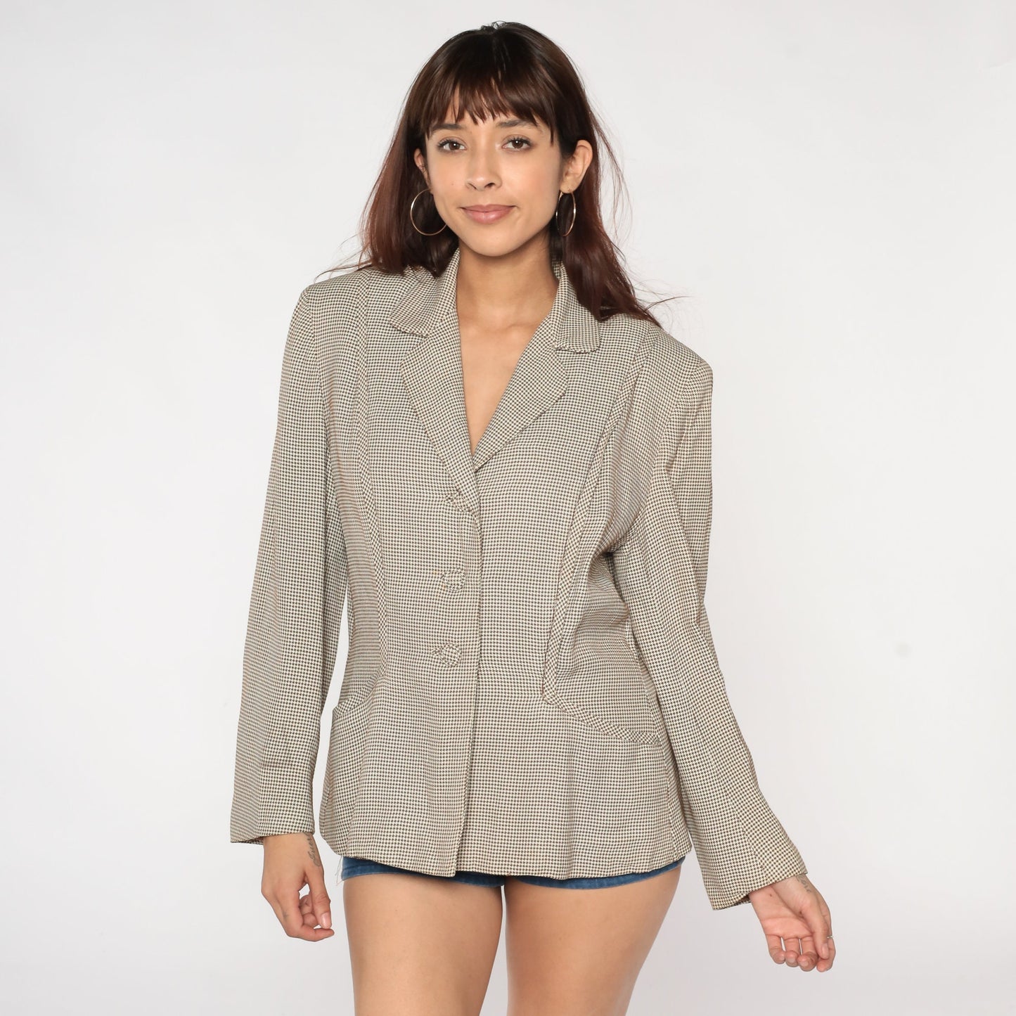 60s Brown Houndstooth Blazer Button-Up Jacket Checkered Wool Large L