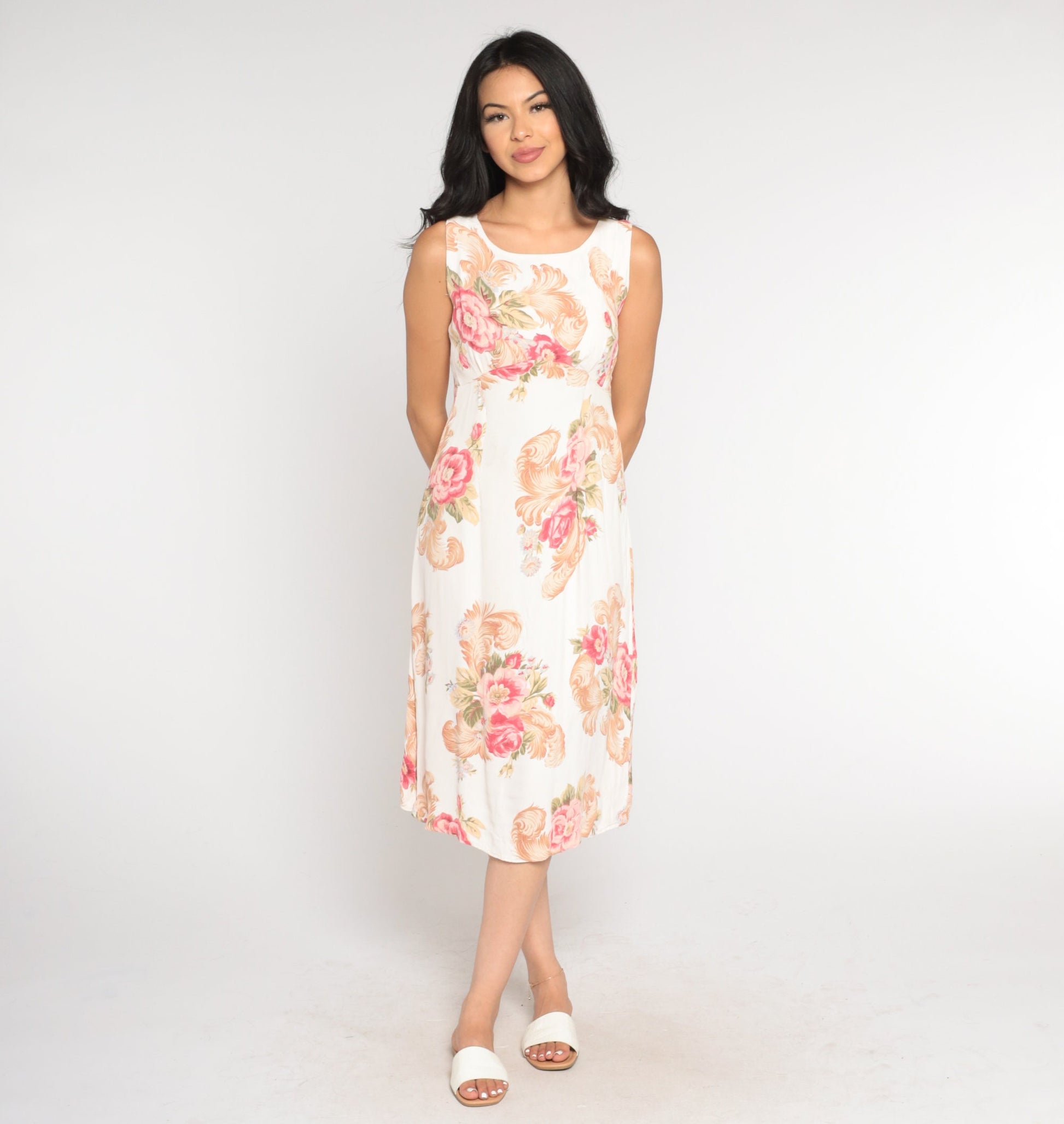 90s White Floral Midi Sundress Empire Waist Cutout Back Small