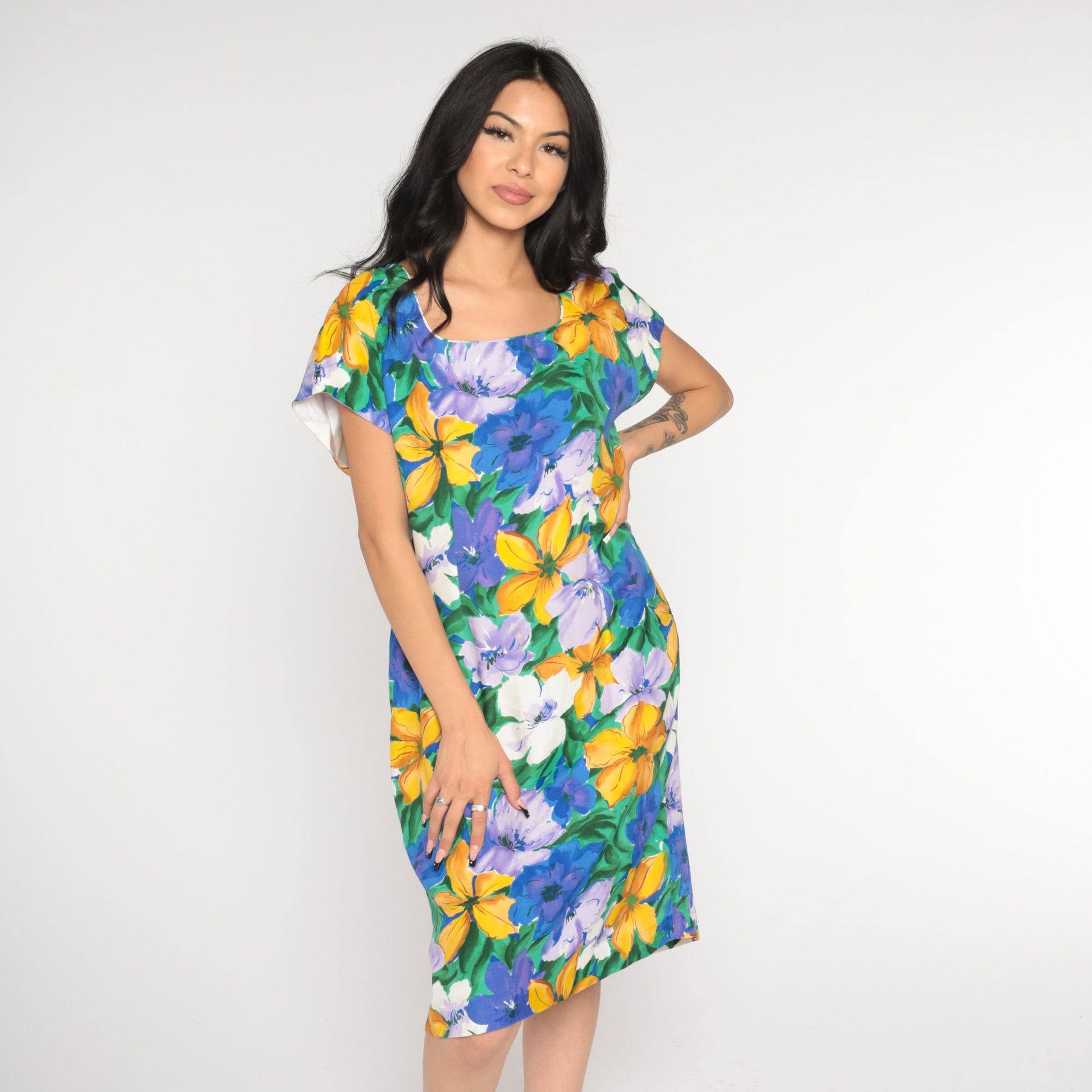 90s Floral Sheath Dress Knee Length Short Sleeve Watercolor Print Green Medium