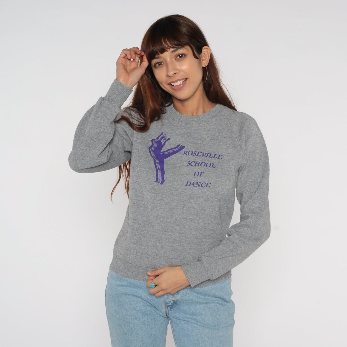 90s Roseville School of Dance Raglan Sweatshirt Grey Graphic Crewneck Small