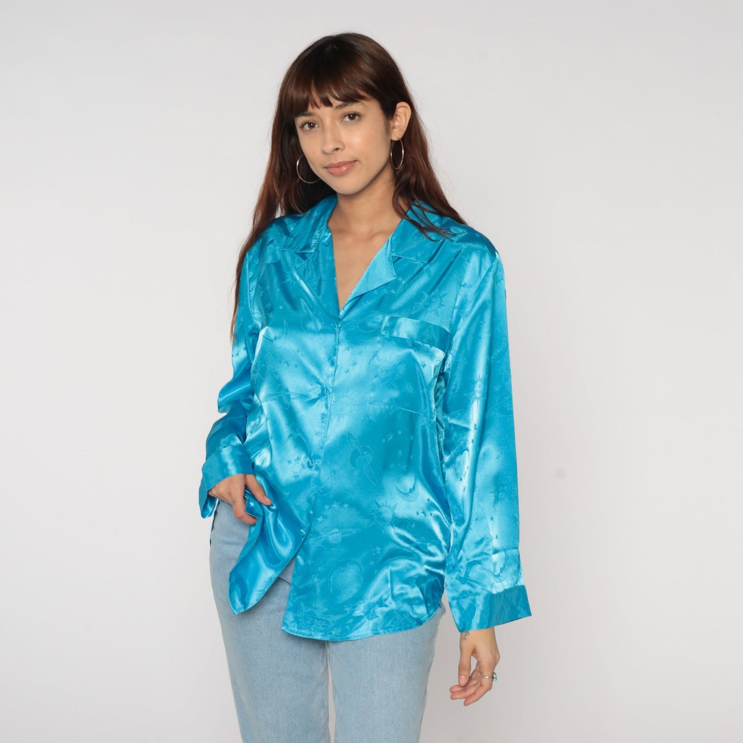 90s Celestial Pajama Top Bright Blue Satin Embossed Moon Stars Button Up Medium