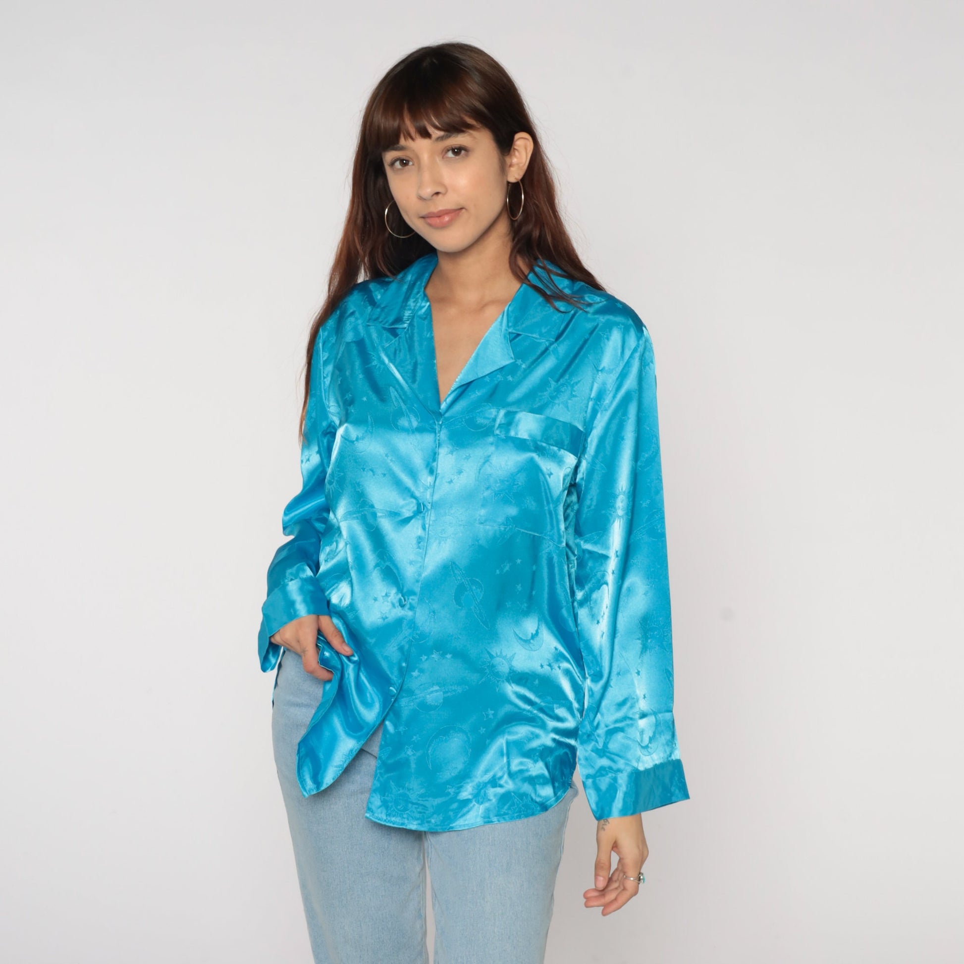 90s Celestial Pajama Top Bright Blue Satin Embossed Moon Stars Button Up Medium