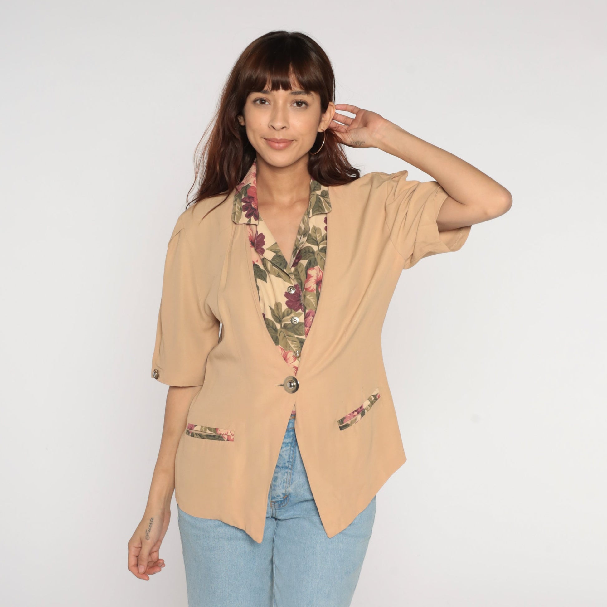 90s Tan Floral Button-Up Blouse Short Sleeve V-Neck Trim Large L