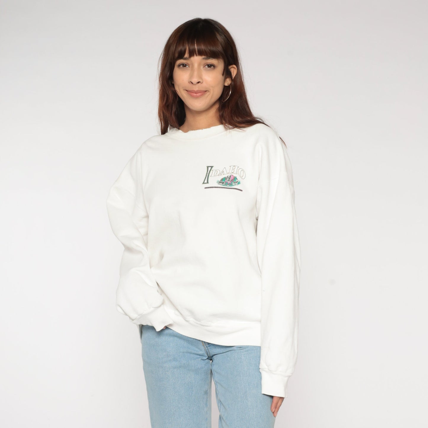 90s Idaho Gem State Wildlife Graphic Sweatshirt White Crewneck Large