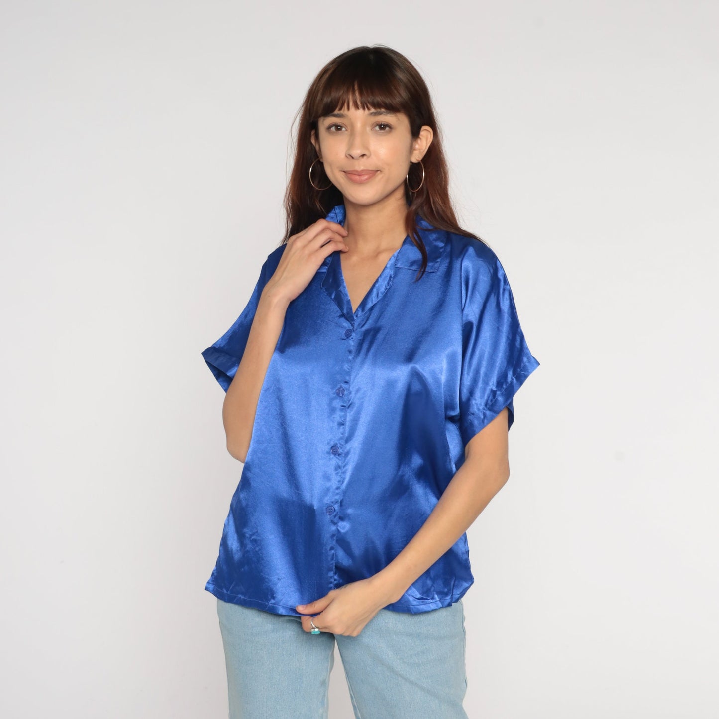 00s Blue Satin Button-Up Blouse Short Sleeve Shirt Large L