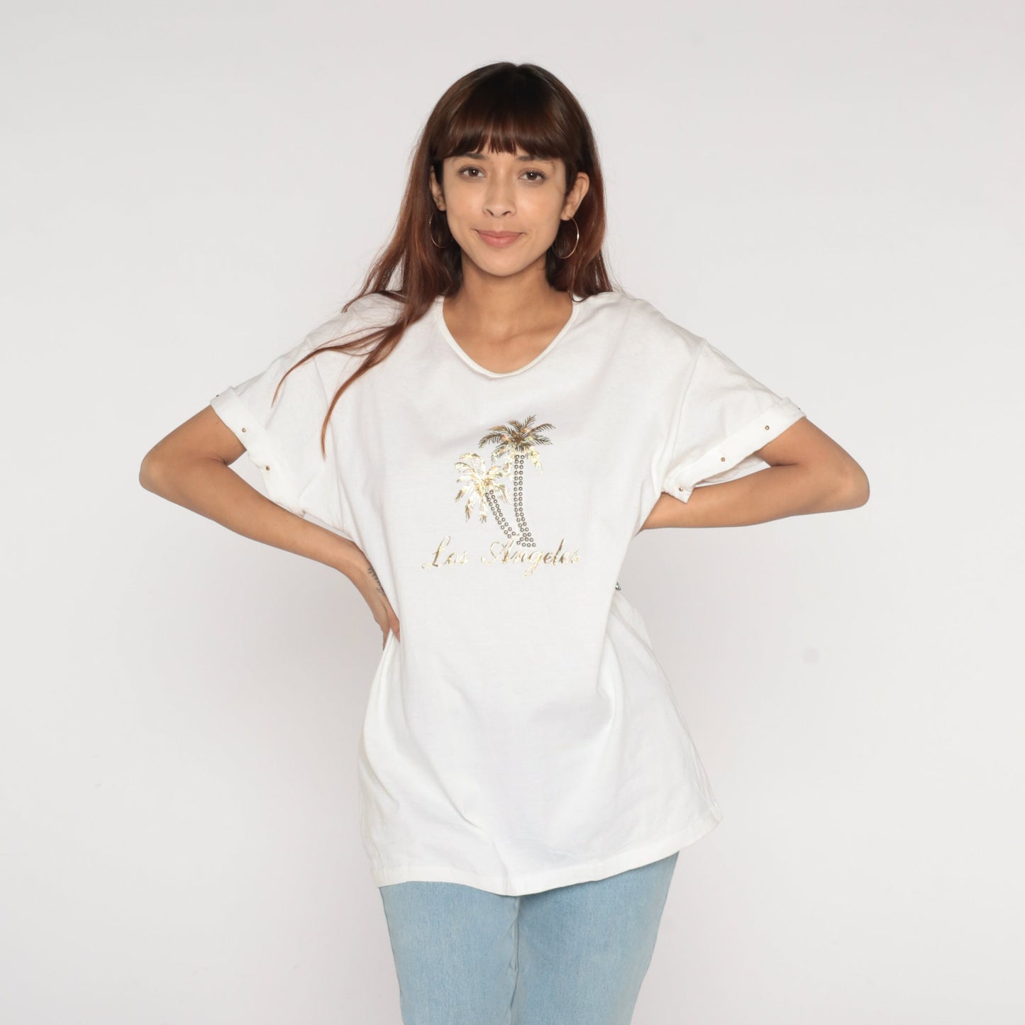 Y2K Los Angeles Palm Tree Graphic T-Shirt Gold Studded White Large L