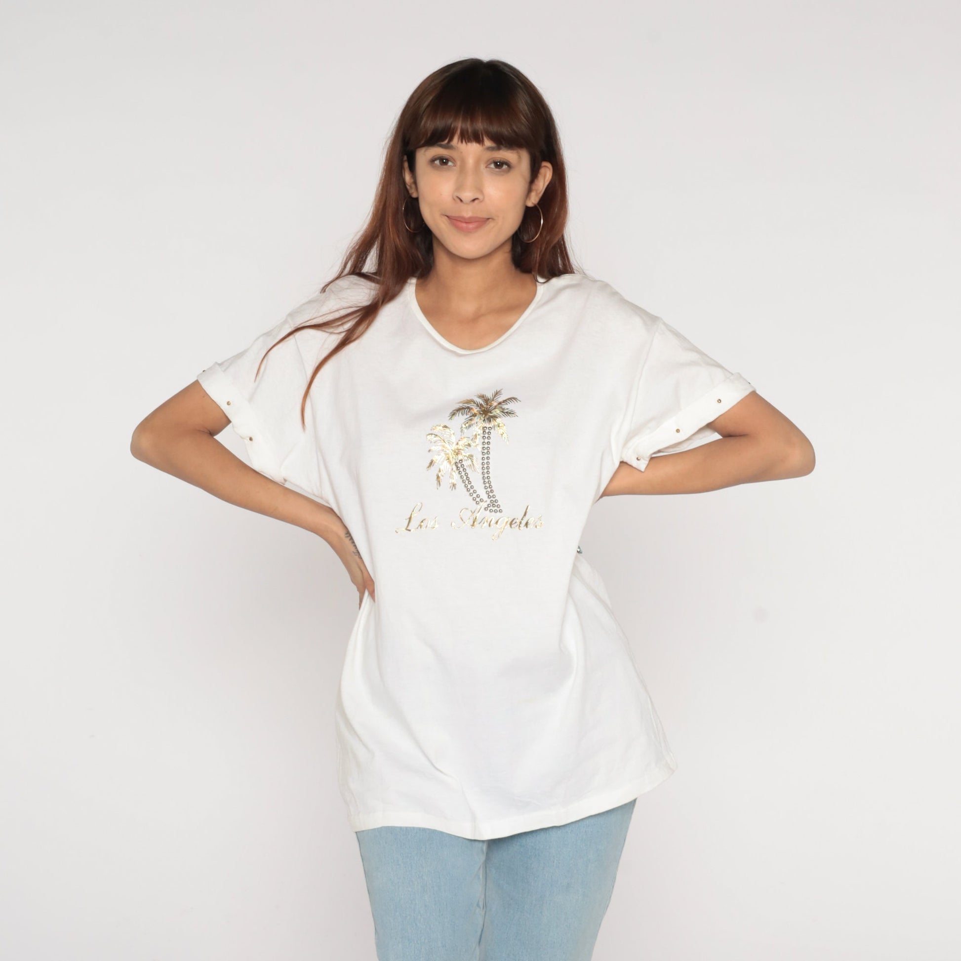 Y2K Los Angeles Palm Tree Graphic T-Shirt Gold Studded White Large L
