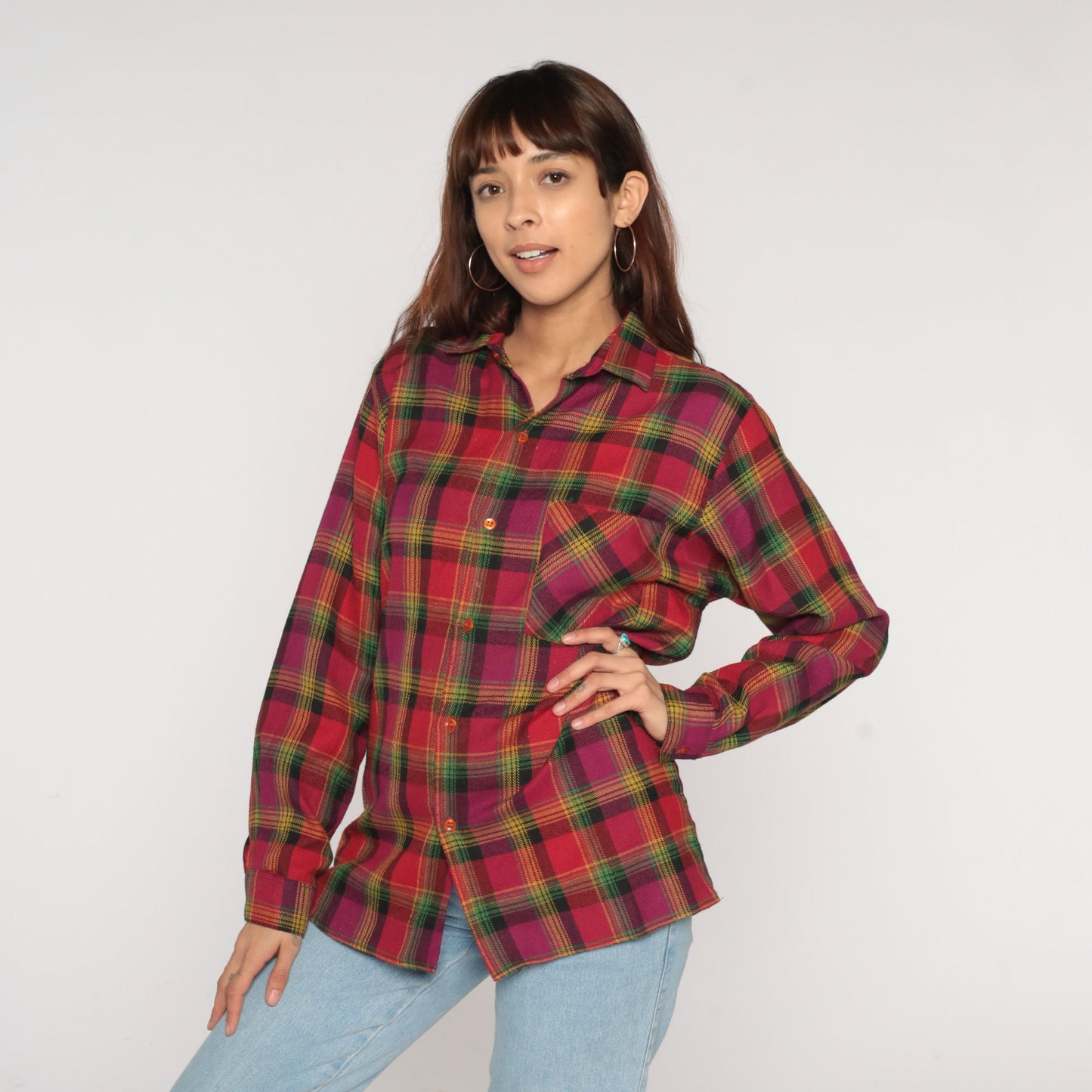 90s Red Plaid Flannel Shirt Button-Up Long Sleeve Collared Medium M