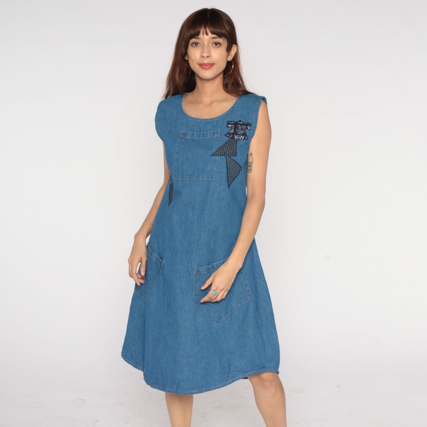 90s Blue Denim Midi Dress Asian Patch Sleeveless Flared Medium M
