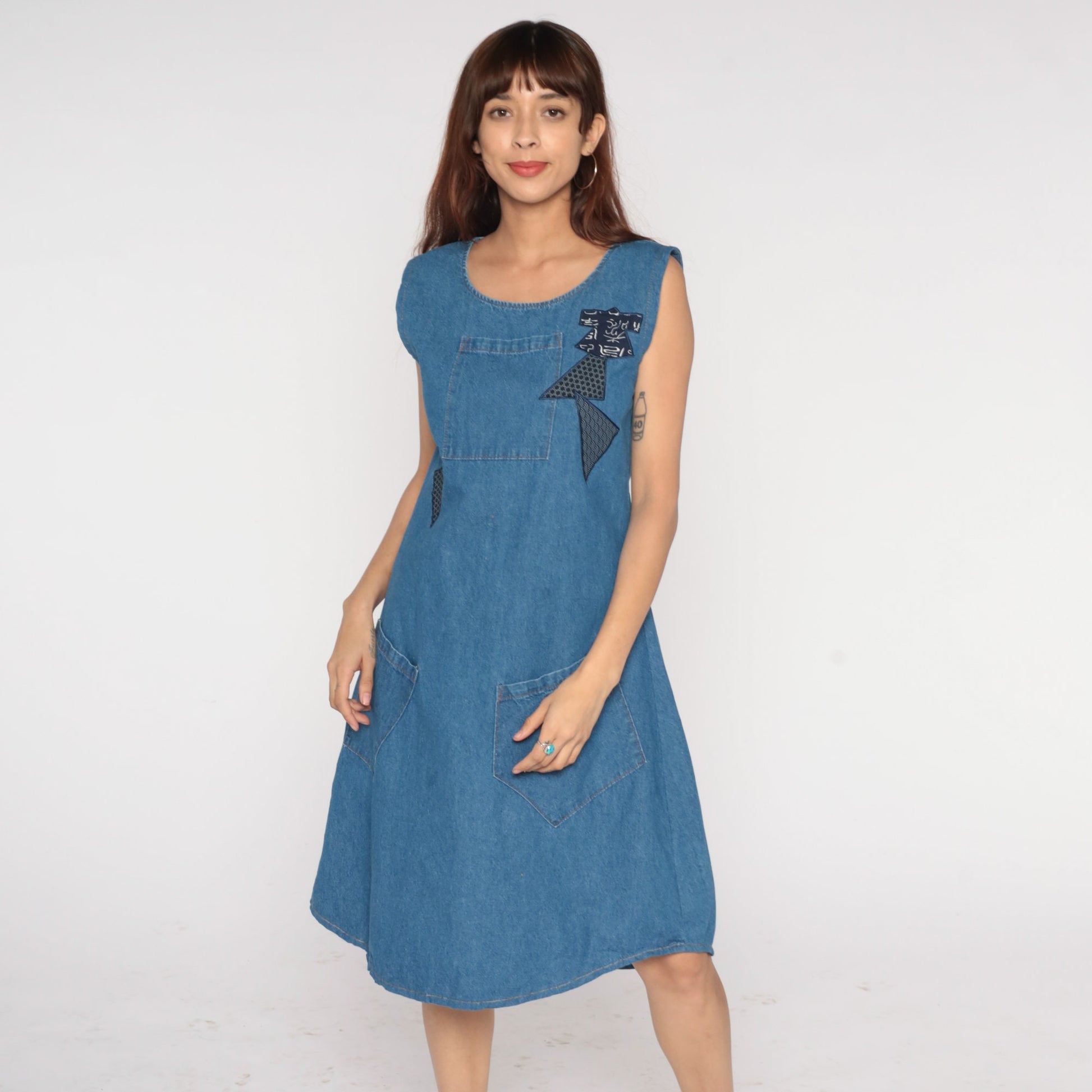 90s Blue Denim Midi Dress Asian Patch Sleeveless Flared Medium M