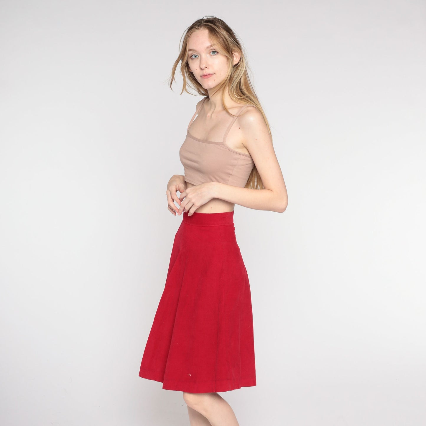 60s Red Corduroy Midi Skirt High Waisted Flared A-Line XXS