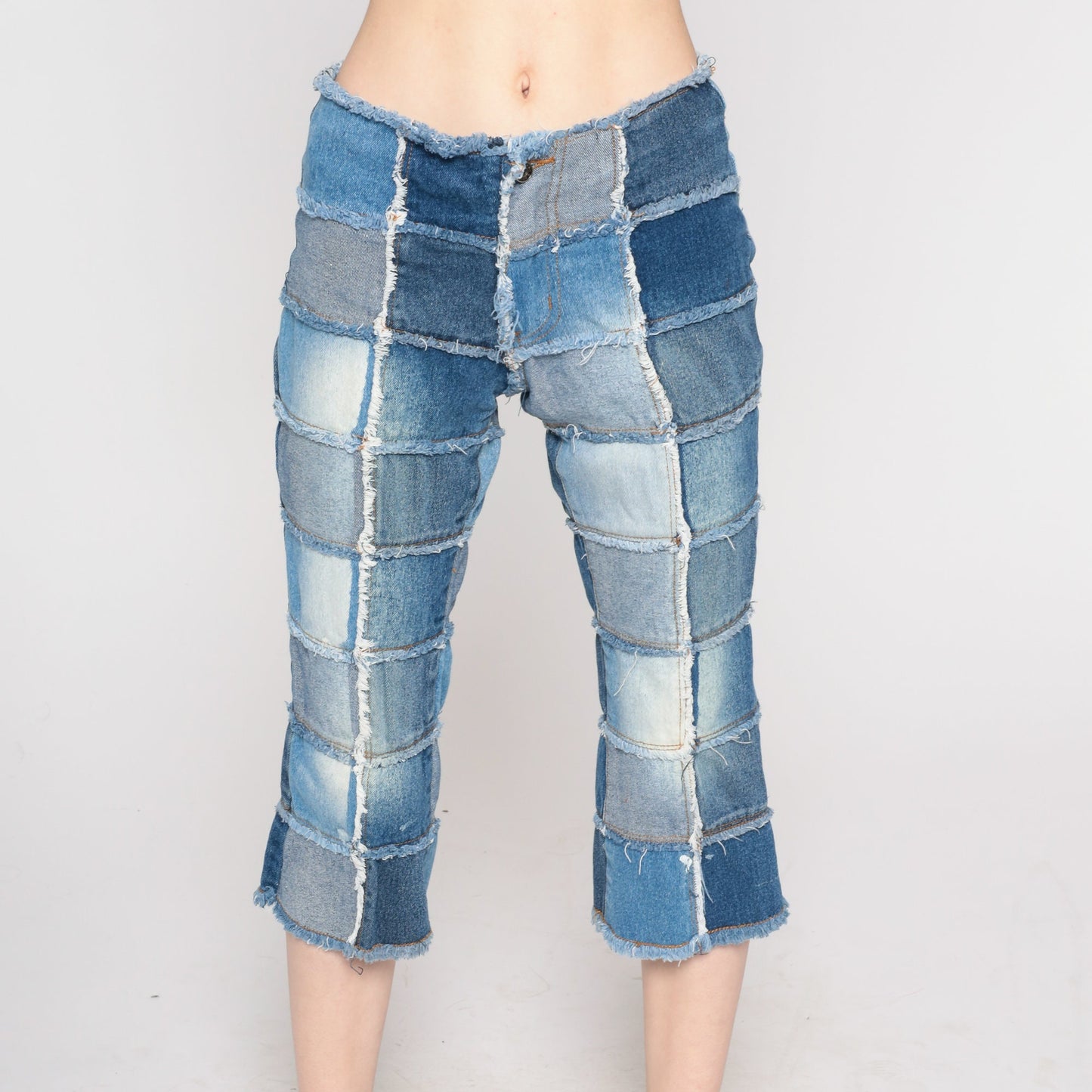 Y2K Patchwork Cropped Jeans Blue Low Rise Capri Denim Extra Small XS
