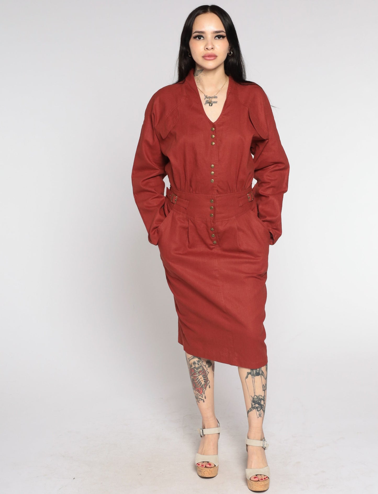 80s Rust Button-Up Sheath Dress V-Neck Long Sleeve Midi Medium