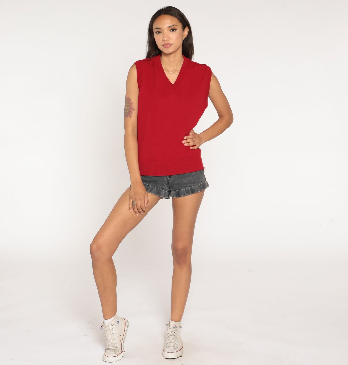 80s Red Acrylic Knit Sweater Vest V-Neck Sleeveless Small