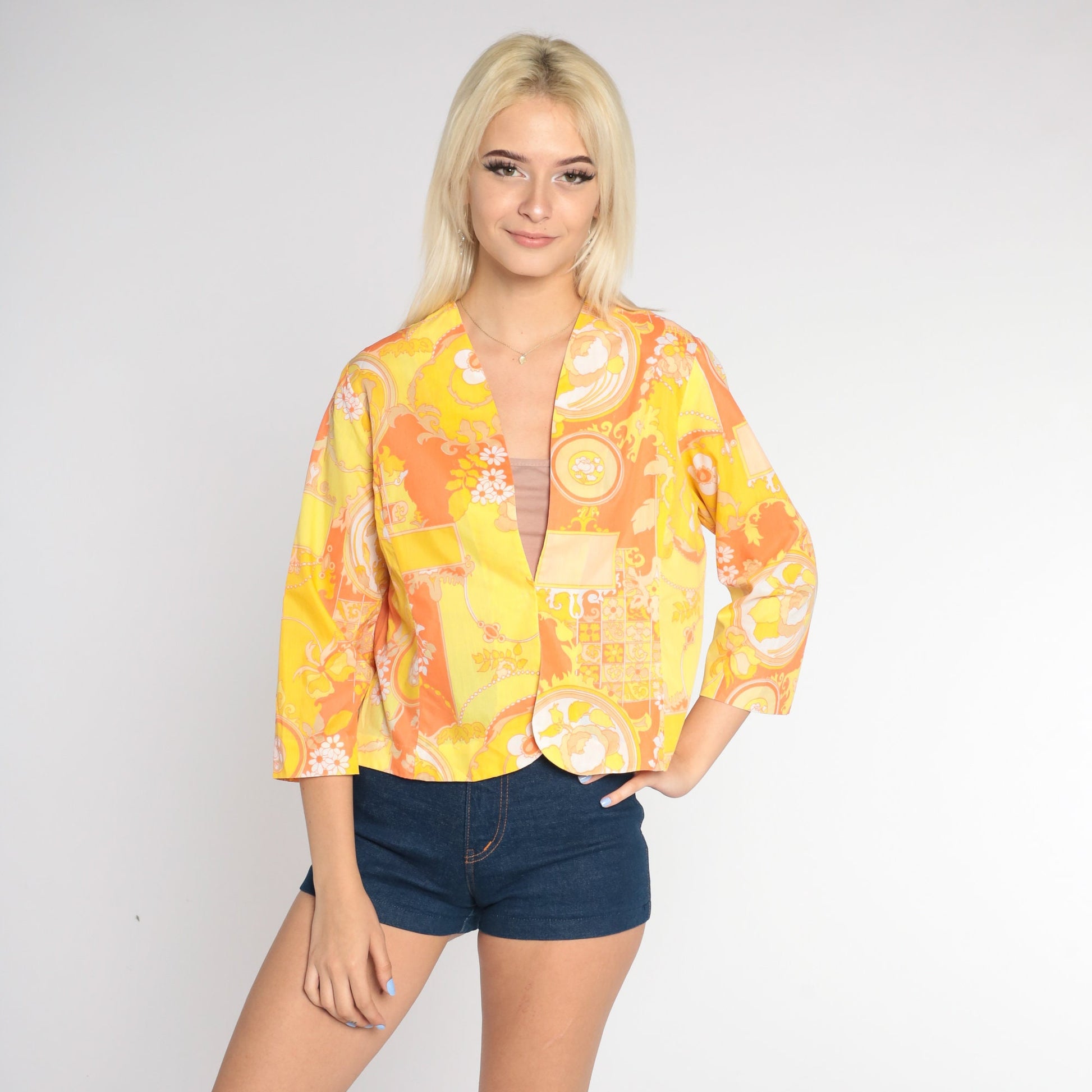 70s Floral Blazer Yellow Orange Flower Print 3/4 Sleeve Jacket Medium M