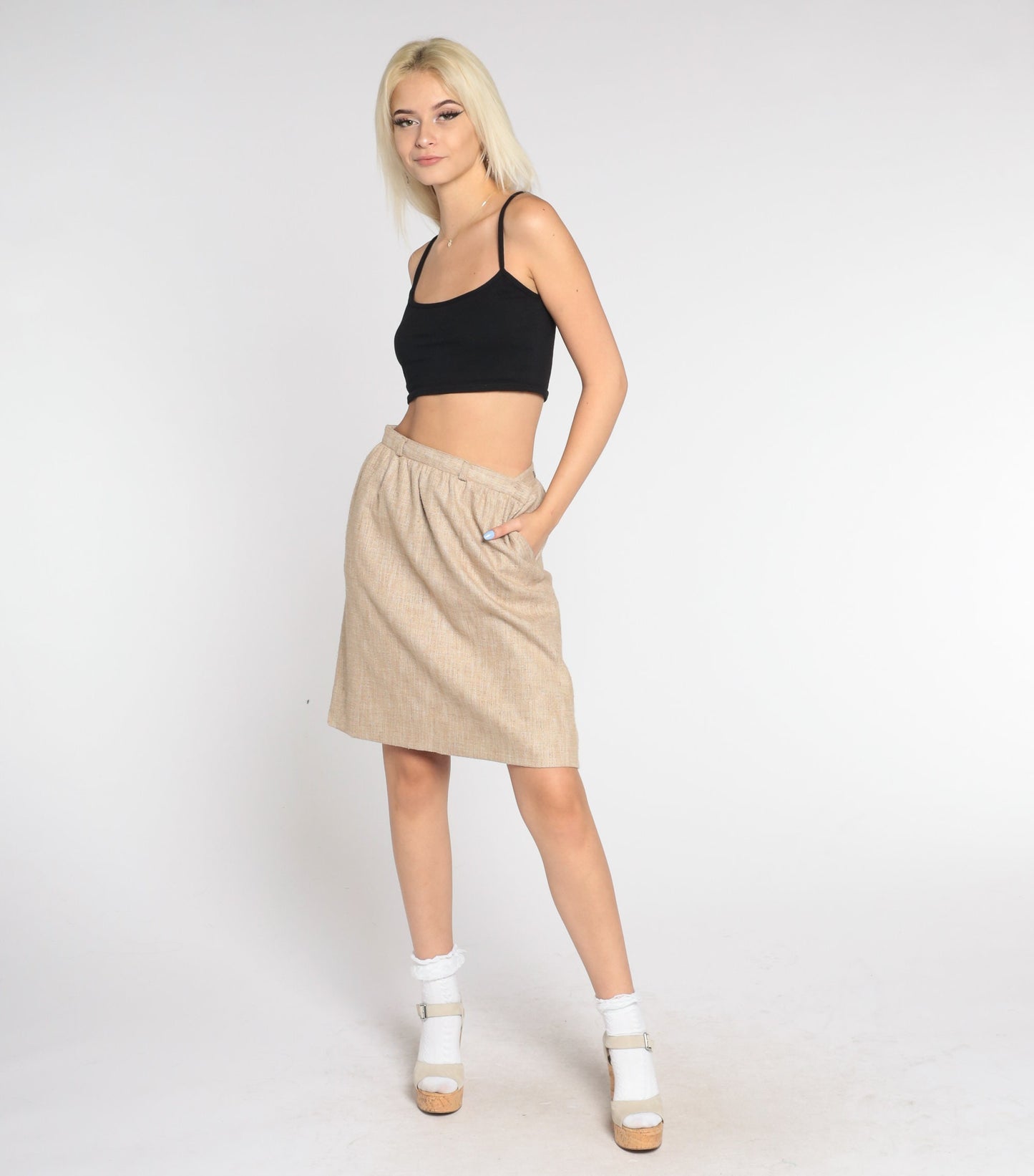 80s Tan Tweed Pencil Skirt High Waist Mini Small S