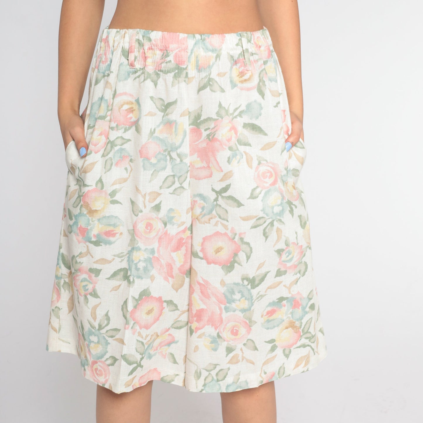 90s Floral Culotte Shorts White Linen Blend High Waist Wide Leg Medium
