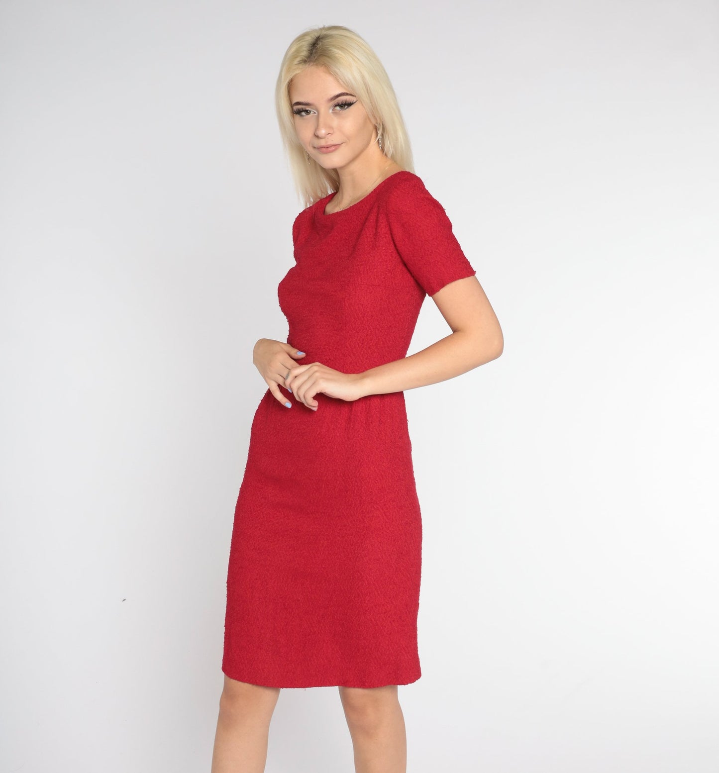 1960s Red Pencil Dress Mini Sheath High Waist Short Sleeve Small