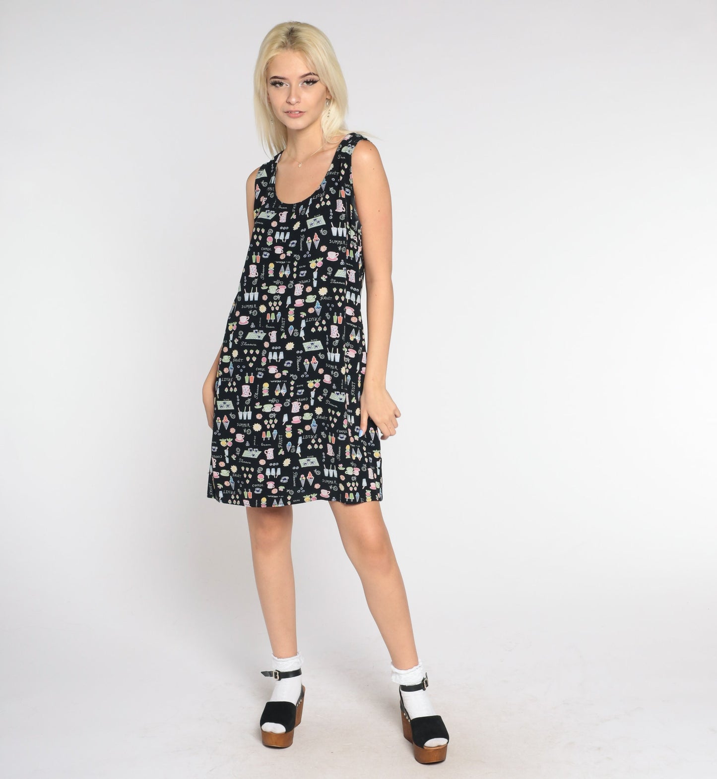 90s Black Mini Tank Dress Food Print Sleeveless Sundress Medium M