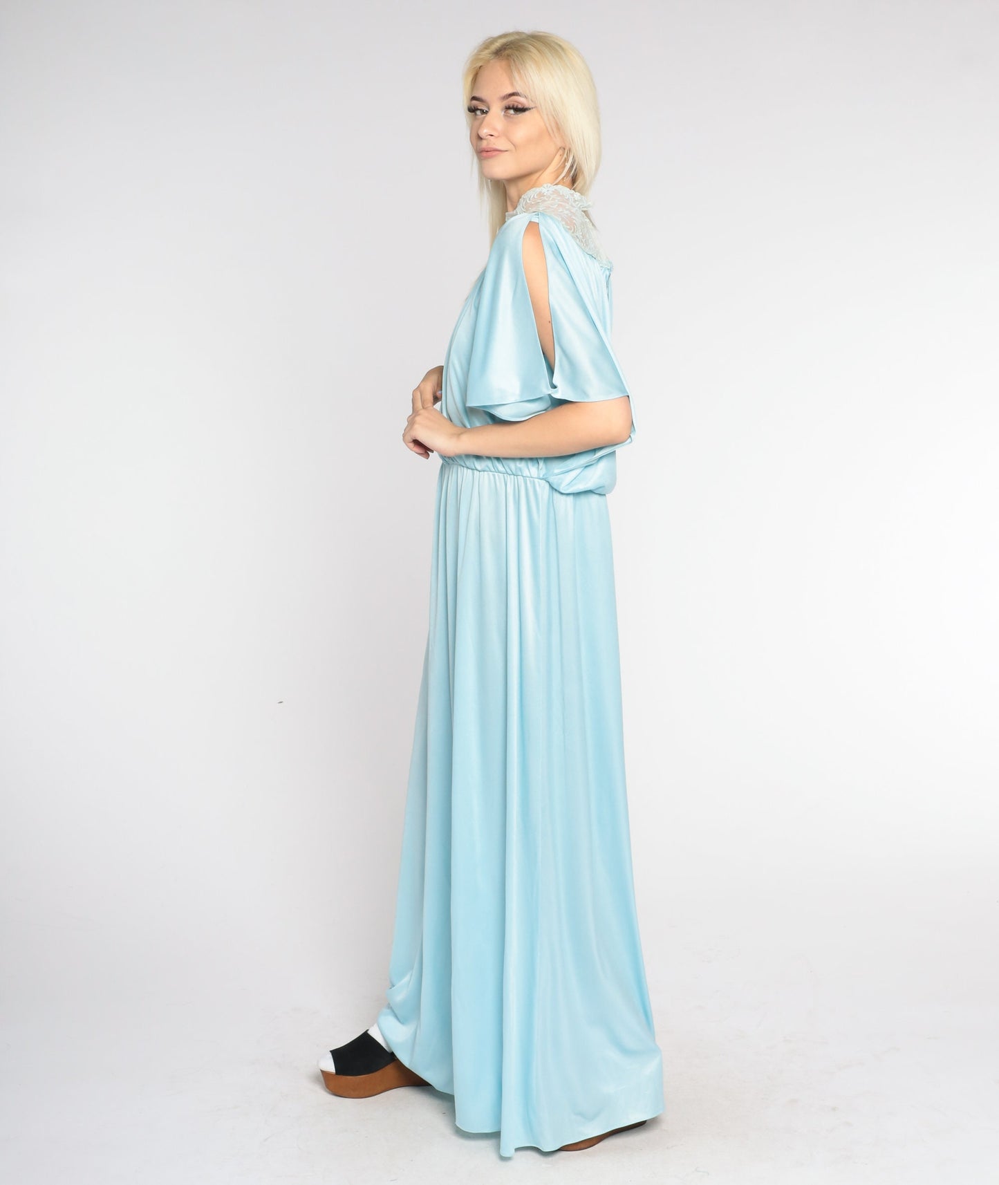 70s Blue Maxi Dress Grecian High Neck Embroidered Lace Split Sleeve Large