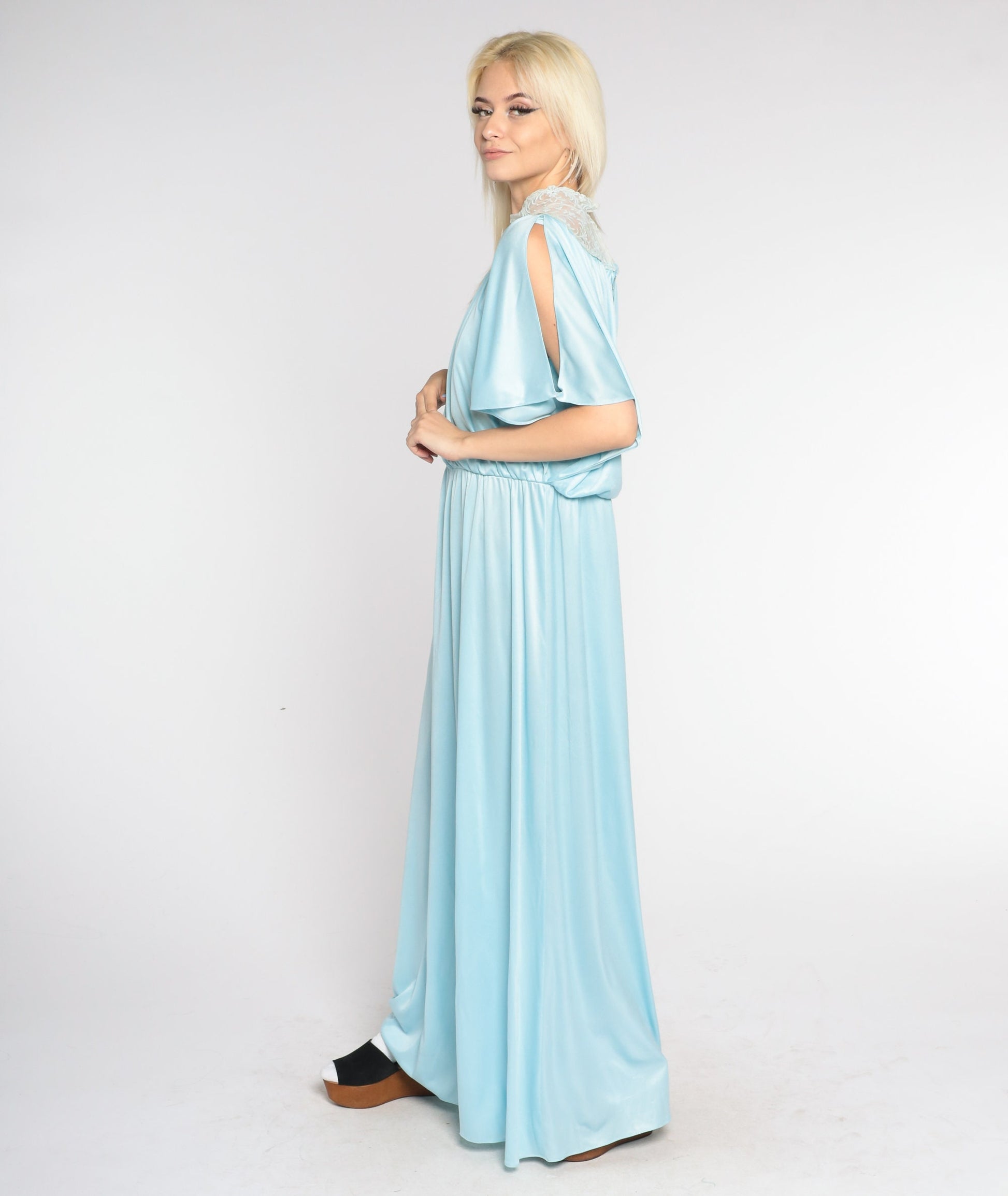 70s Blue Maxi Dress Grecian High Neck Embroidered Lace Split Sleeve Large